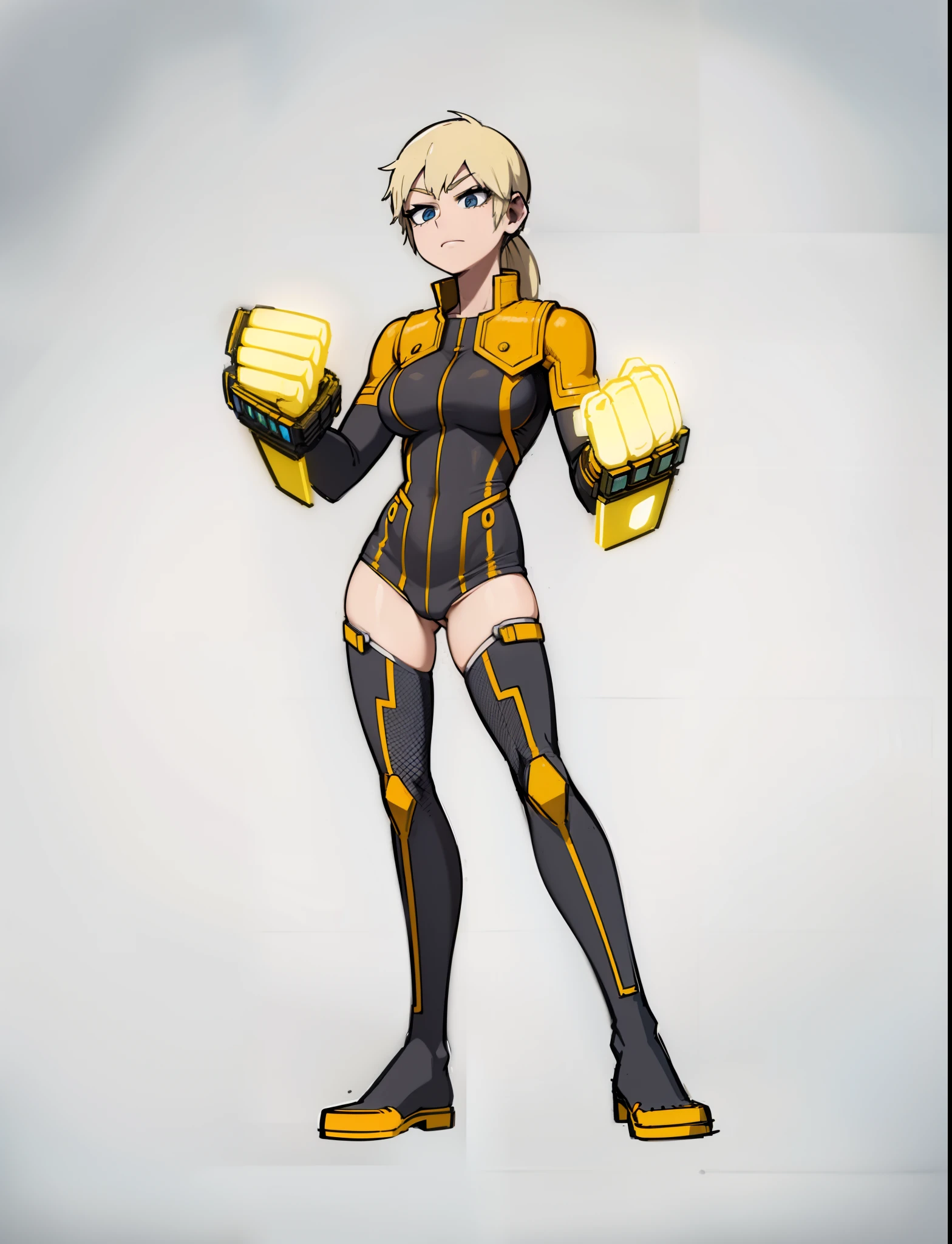 My Hero Academia style, anime Girl, female, trending on artstation pixiv, (Full body Shot:0.5), Perfect Anatomy, Super Detailed, hero costume, full body suit, wide thighs, wide hips, Large breast, Tech boxing gloves, yellow circuit boxing gloves, bright boxing gloves, boxing gloves,