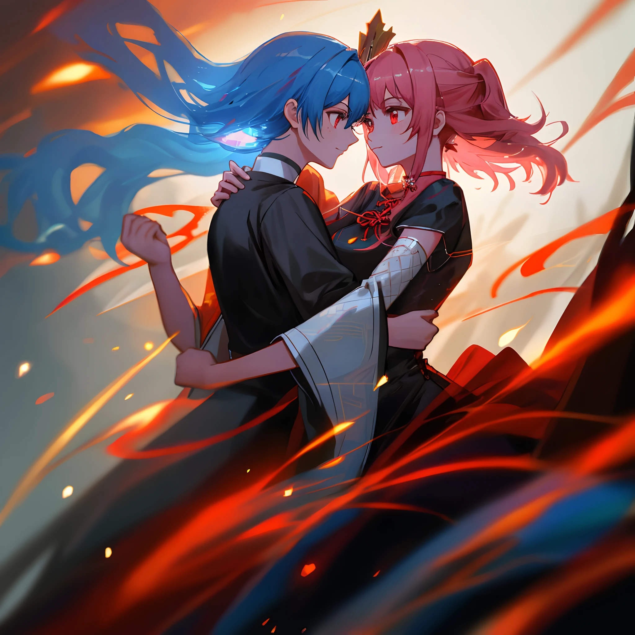 best qualtiy， tmasterpiece， A high resolution，two guys， 2 girls，on cheongsam，Raised sexy，hair adornments，choker necklace，jewely，beauitful face，upon_body，Tyndall effect，realisticlying，dark studio，edge lit，twotonelighting，（highdetailskin：1.2），8k UHD，digital SLR camera，gentle illumination，high high quality，Volumetriclighting，Frankness，photore，A high resolution，4k，8k，bokeh，full bodyesbian，blue pink hair，red color eyes，Red and black clothes，Royal sister，比基尼