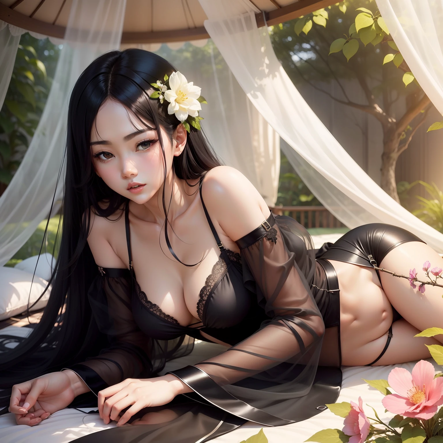 Beautiful nectar woman、Canopy bed、Sexy but ephemeral woman、lie down、Straight black hair、Clothes are camisoles、Ren Hao、Cool