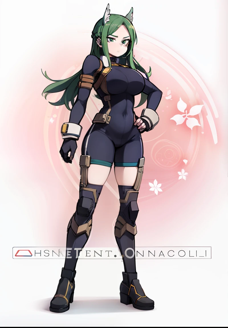 My Hero Academia style, anime Girl, female, trending on artstation pixiv, (Full body Shot:0.5), Perfect Anatomy, Super Detailed, hero costume, full body suit, wide thighs, wide hips, Large breast, Long curly green hair, bright blue eyes.