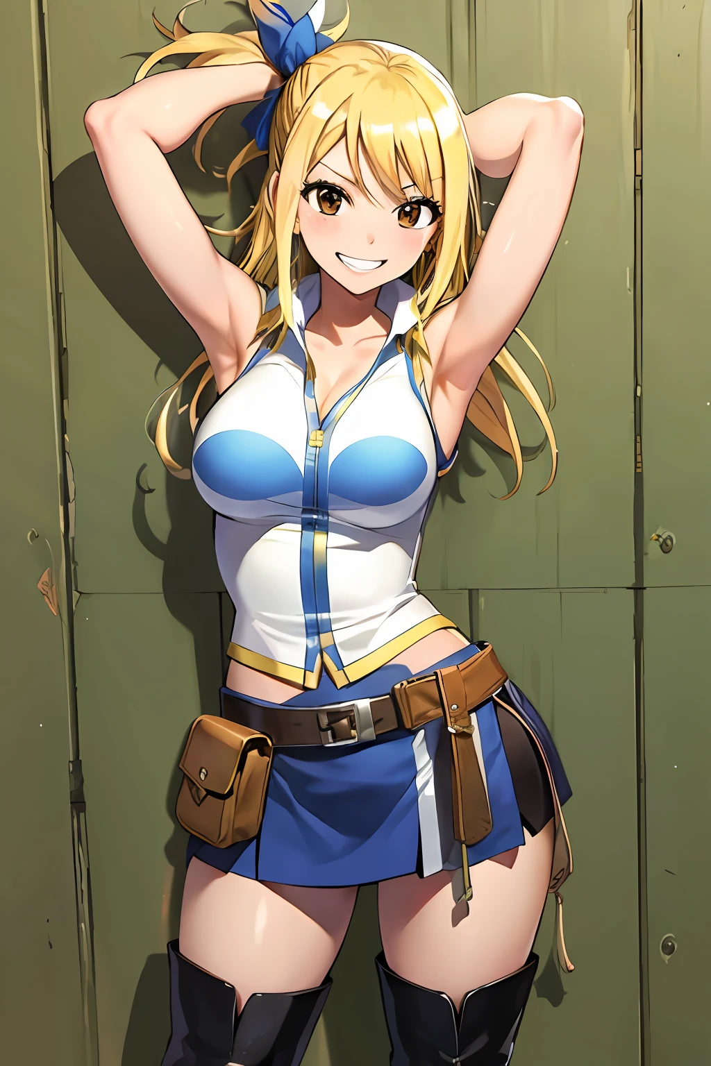 (masterpiece, best quality:1.2), solo, 1girl, lucy heartfilia, grin, looking at viewer, arms behind back, blue sleeveless shirt, miniskirt, belt pouch, thigh boots