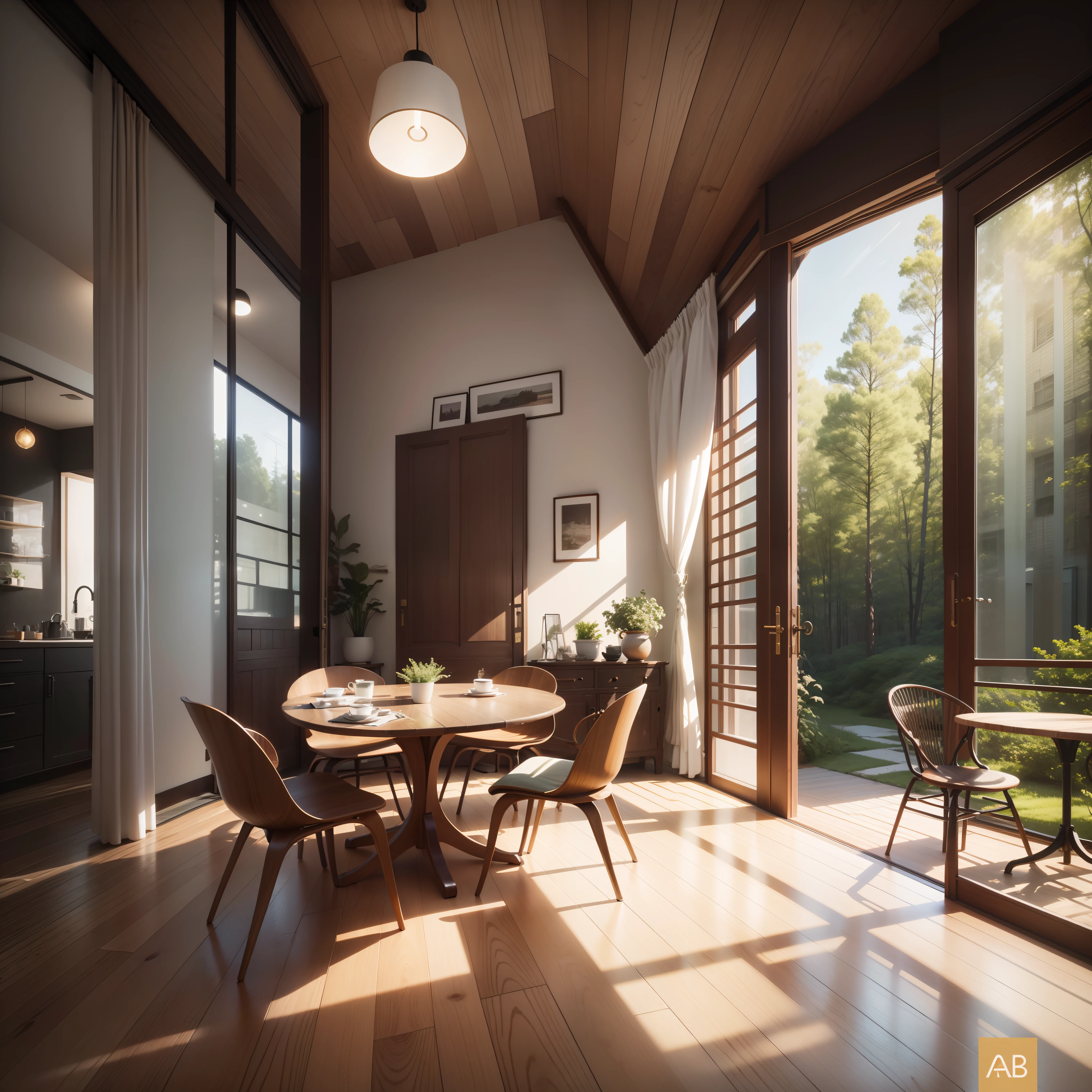 interior design、Insanely detailed wide-angle architectural photo、Cozy contemporary living room、(Bright and warm sunlight 1:0.1)、Award-winning contemporary interior design、landscapes、The table、a chair、in a house、Wooden flooring、window、resturant、east asian east asian architecture、sliding paper doors、abajour、architectural、the woods、naturey、cups、a plant、interior design、Insert lighting and shadows、depth of fields、low illuminance
