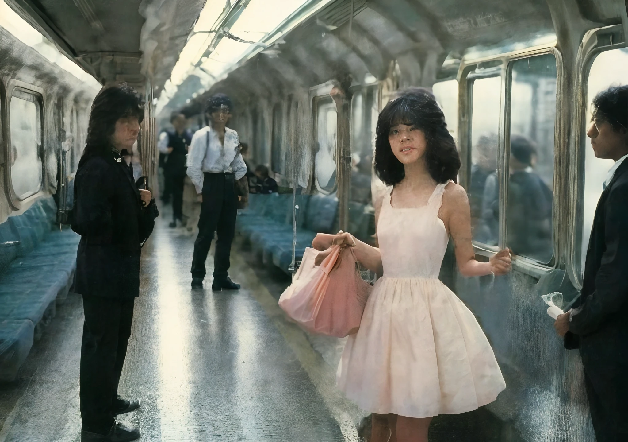 Photos from the 1990s、nostalgic、One Teenage Woman、Train、a scene from a movie、Fuji Film、championship、​masterpiece、Woman in pink dress standing on train, Train, alexey egorov, Shot on Ektachrome film, Lonely girl waiting for train, Award-winning color photography, kodakchrome : : 8 K, Cistil 800T 50mm Eastman Color, still from live action movie, japan 1980s