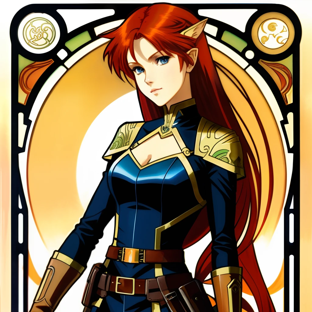 A beautiful redhead female anime hero elf in leather clothes, style of Alphonse Mucha
