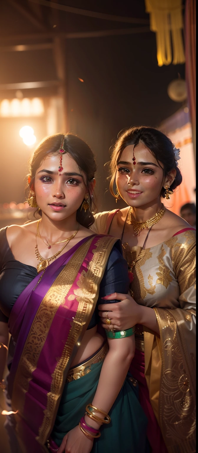 Girl wearing sari, jhumka weading party photography glowing face weading background realistic pic