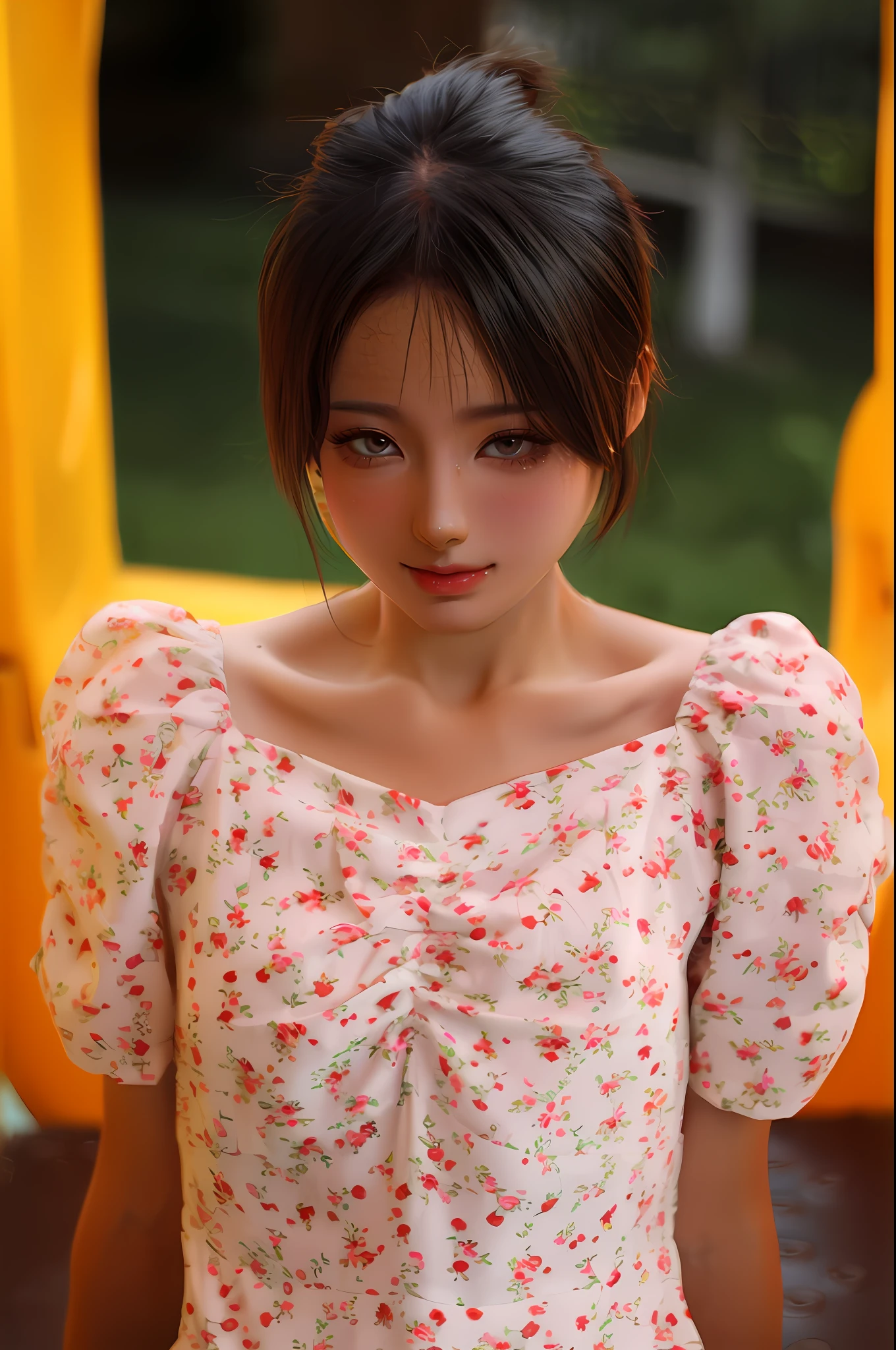 There was a woman standing in front of a yellow structure, young cute wan asian face, A young Asian woman, a cute young woman, Young Asian girl, wearing yellow floral blouse, young lovely Korean faces, Beautiful young Korean woman, taken with canon eos 5 d, Chinese girl, high angle closeup portrait, close up portrait shot, cute young woman