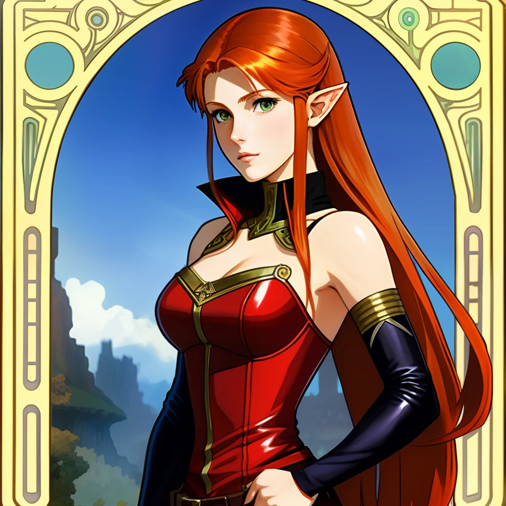 A beautiful redhead female anime hero elf in leather clothes, style of Alphonse Mucha