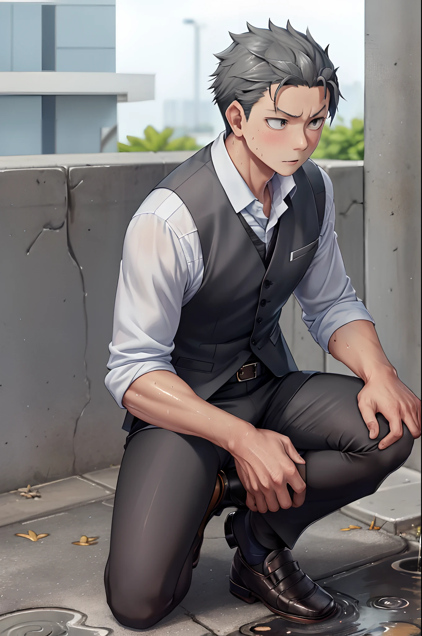 (1 Adult male),A high resolution, Sharp focus, Pixiv masterpiece, ((Complicated details)), highly detailed, natsuki_subaru,Multi-view upper body,Suit pants view, 1 man,is shy,Pee on the legs,pissing,Urine runs down the thighs,embarressed,exhilarated,is shocked,panicking,worry,A small puddle of their own urine forms around the feet,full bodyesbian,kneels on the ground,Very eager to pee,It's uncomfortable,Wet yourself,Urine discharge, Sweaty crotch,Drenched,rain,The shirt is soaked,(A gesture of pleading),blue color eyes(eyes glowing), Short gray hair,white shirt,Wear a tie,Wear a belt,Black suit trousers,perspire,look from down