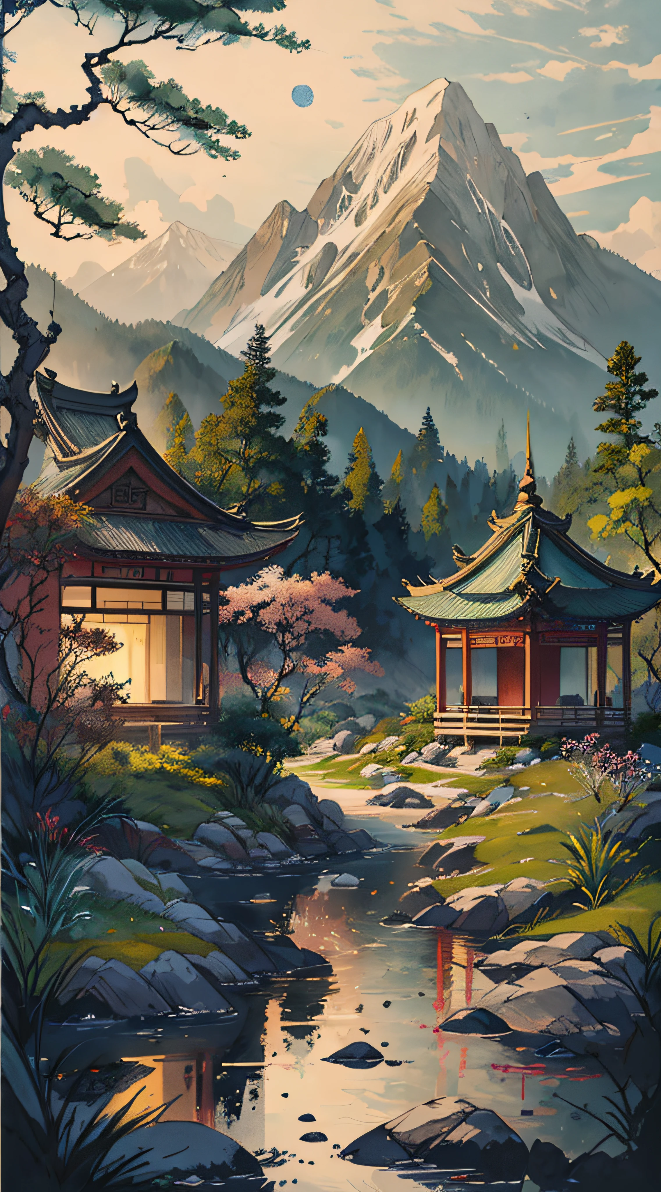 超高分辨率，tmasterpiece，8k，Wallpapers，HighestQuali，extremely detaile，Shen Mengxi's painting "Qianli Jiangshan" depicts a landscape in the style of the Song Dynasty, using meticulous brushwork combined with a touch of freehand brushwork. Among the layered mountains and peaks, pine trees grow, and there is a light green lake with a mirror-like surface. A stone bridge with a pavilion connects two mountains. In the distance, there are continuous far-off mountains and a pale blue sky ((without any clouds)), The setting sun hangs in the sky, creating a captivating scene,claborate-style painting,pixel world,a photo of shanshui by jinliang,zydink