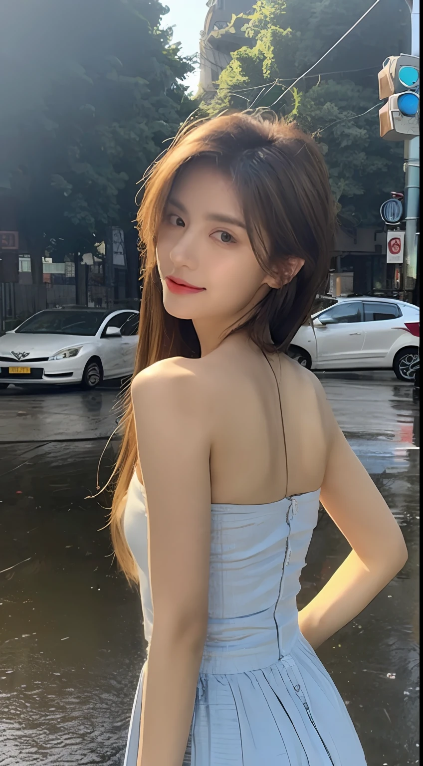 ((Best Quality, 8k, Masterpiece: 1.3)), Focus: 1.2, Perfect Body Beauty: 1.4, Buttocks: 1.2, ((Layered Haircut, Flat Chest: 1.2)), (Rain, Street:1.3), Bandeau Dress: 1.1, Highly Detailed Face and Skin Texture, Fine Eyes, Double Eyelids, Whitened Skin, Long Hair, (Shut Up: 1.3), Full Body