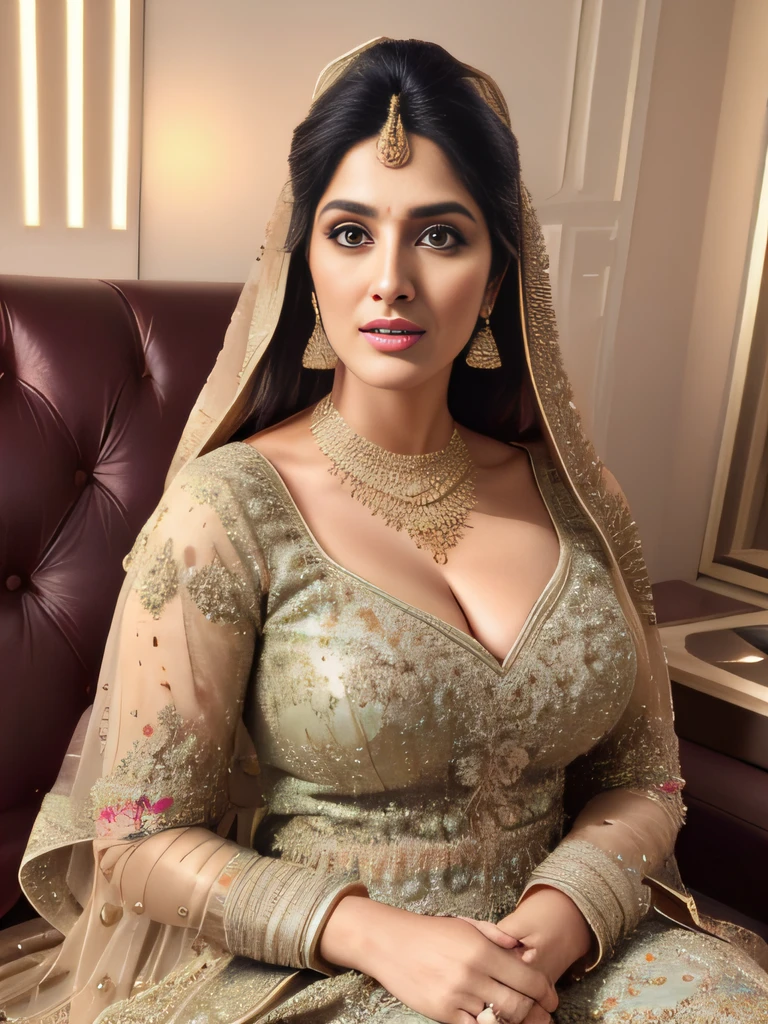 portrait of a 22 year most beautiful very busty women sitting on the bed, hd details of award show,HD makeup,hd details,hd render,realistic,hyper realistic,photograph,wearing a pakistani traditional wedding dress with face veil,create perfect sitting details,(full body view)(very tight shirt and fully torn jeans)(huge breast)(large breast)(round breast)