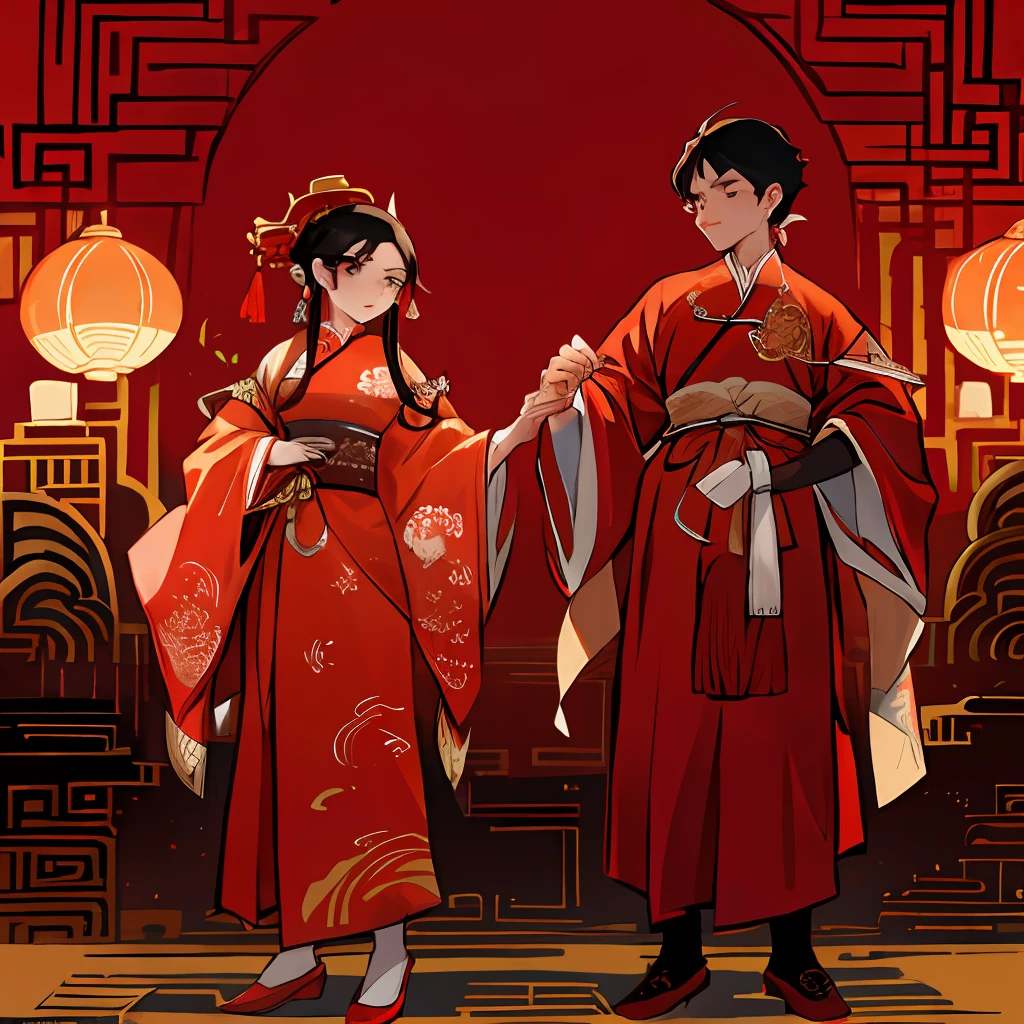 Mr. and Mrs. Arad, dressed in traditional Chinese costumes, stand side by side, Traditional Chinese clothing, Hanfu, Wearing ancient Chinese clothes, imperial royal elegant clothing, Chinese traditional, Chinese style, wearing gilded red robes, wearing gilded red royal robes, with acient chinese clothes, Chinese costume, robes with golden characters, embroidered brocade robes, Chinese dress, wearing red attire