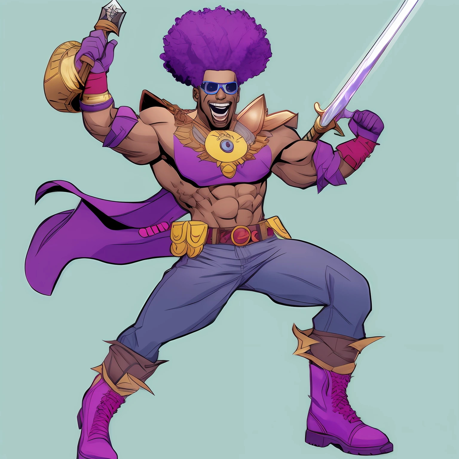 (full body standing), full body shot 、Full body, flat vector, pop art,big purple afro、muscular man、 American comic style hero character、laughing with big mouth showing teeth、man warrior character design, full body written in software, animated game character, afropunk man, very beautiful face, beautiful outfit, holding sword, boots, goggles. Realistic, Hi-Res Photo, Realistic High Quality , Can Fight, Can Hold Glowing Axe, Fighting, Super Resolution, Happy Post Processing,