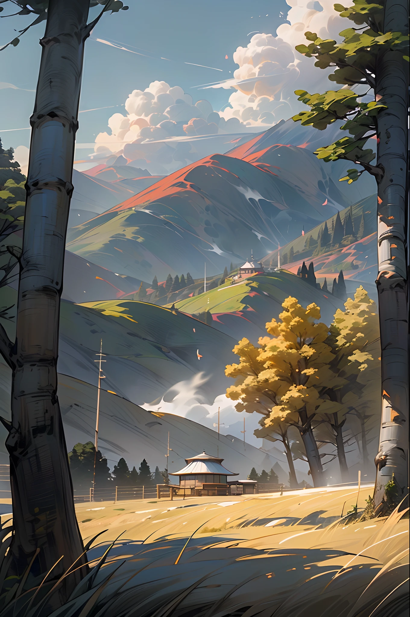 Under the blue sky and white clouds，The hills on the left are covered with golden birch forests，The vast grassland on the right。The white yurt in the middle has cooking smoke rising