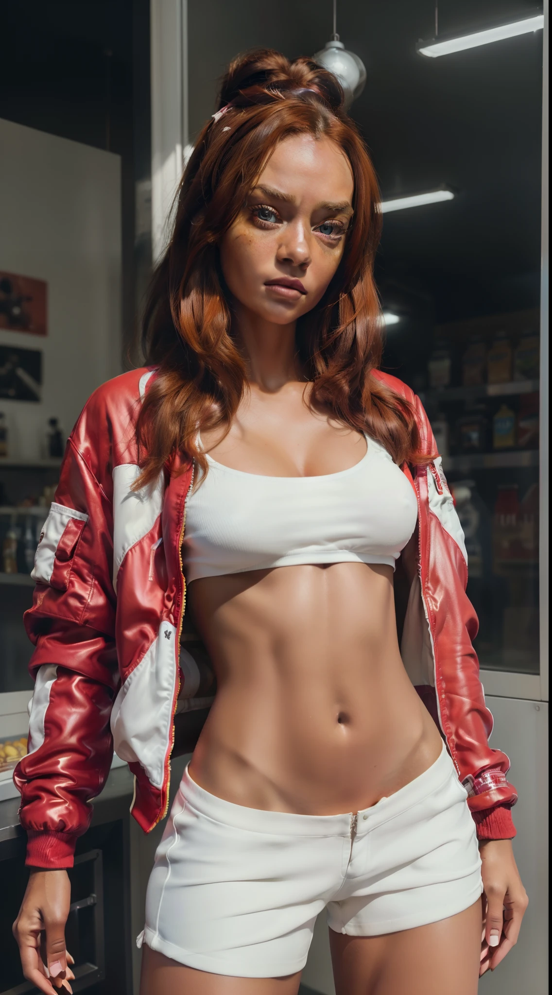 (8k, ARTISTIC photography, best quality, masterpiece: 1.2), (realistic, photorealistic: 1.37), over-detailed, (high-detail skin: 1.2), 8k uhd, SLR camera, soft lighting, high quality, film grain, Arri Alexa mini,, professional lighting, photonic display, brightness, physically rendered photo (cyber punk Girl, hacker, dark skin, shopping in a bodega ), beautiful face (((Sadie Sink))), ((no smile)), over-detailed face, (((big open eyes))), beautiful body, toned body, perky breast (( dressed in Red er jacket)), (((over-detailed clothing))), (((the color of the clothes is red and white))), (((futuristic minimalist outfits))), posing, in a local small grocery shop as background, (((pure 8K))), (((perfect anatomy))), extremely high-quality graphics, midday sunlight, (((cinematic lighting))), ((clear details)), complex, highly detailed background,