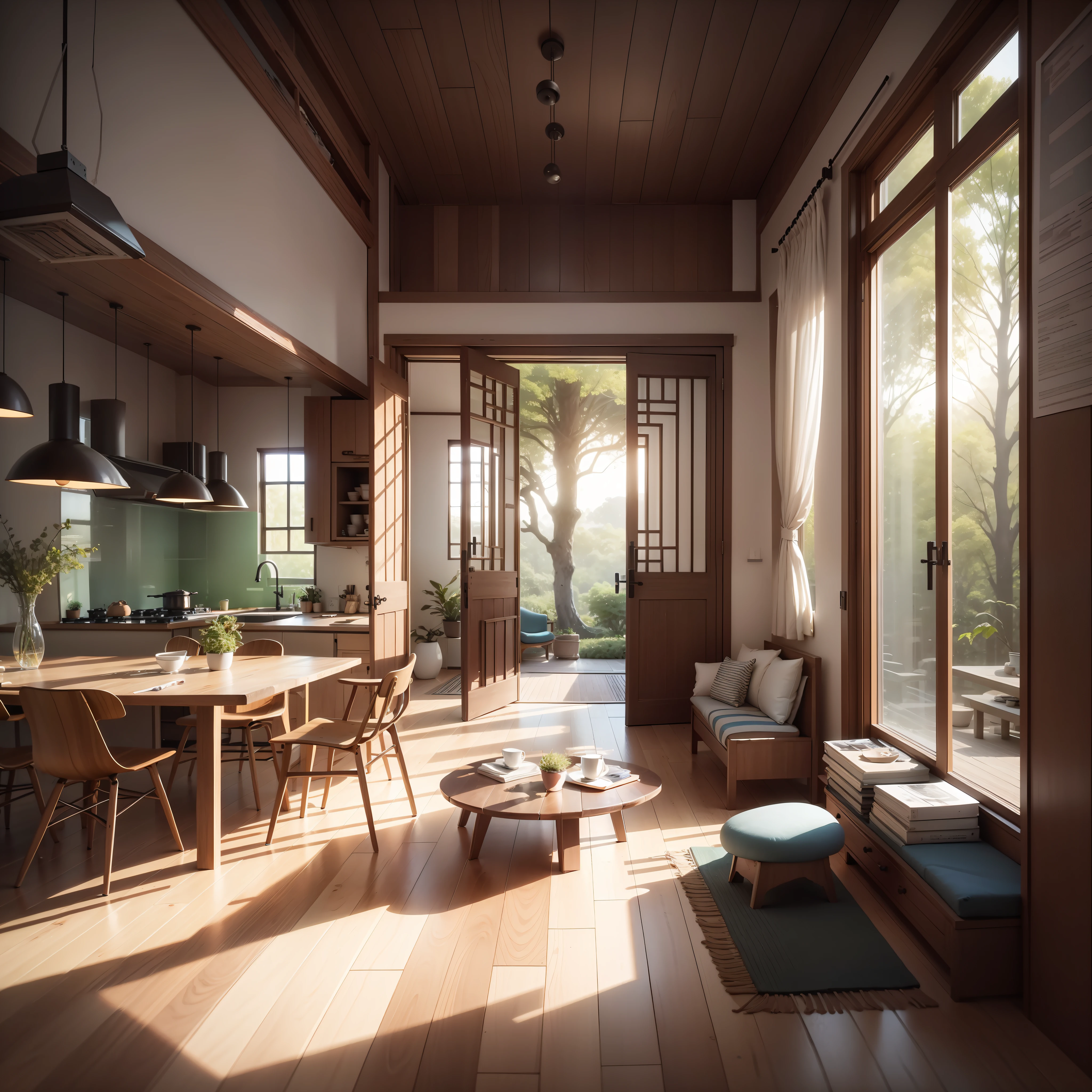 interior design、Insanely detailed wide-angle architectural photo、Cozy contemporary living room、(Bright and warm sunlight 1:0.1)、Award-winning contemporary interior design、landscapes、The table、a chair、in a house、Wooden flooring、window、resturant、east asian east asian architecture、sliding paper doors、abajour、architectural、the woods、naturey、cups、a plant、interior design、Insert lighting and shadows、depth of fields、low illuminance