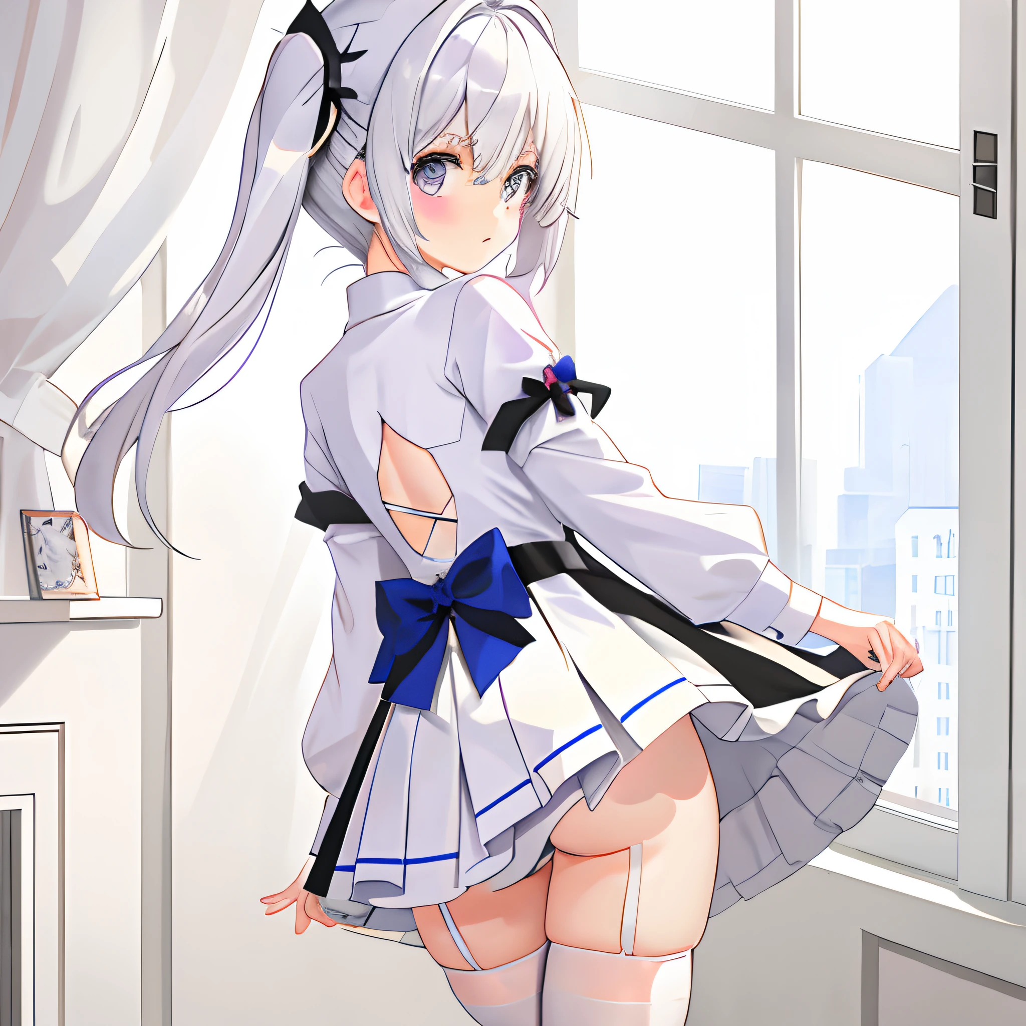 The white hip-wrapped stockings leaned down,looking at me with her back