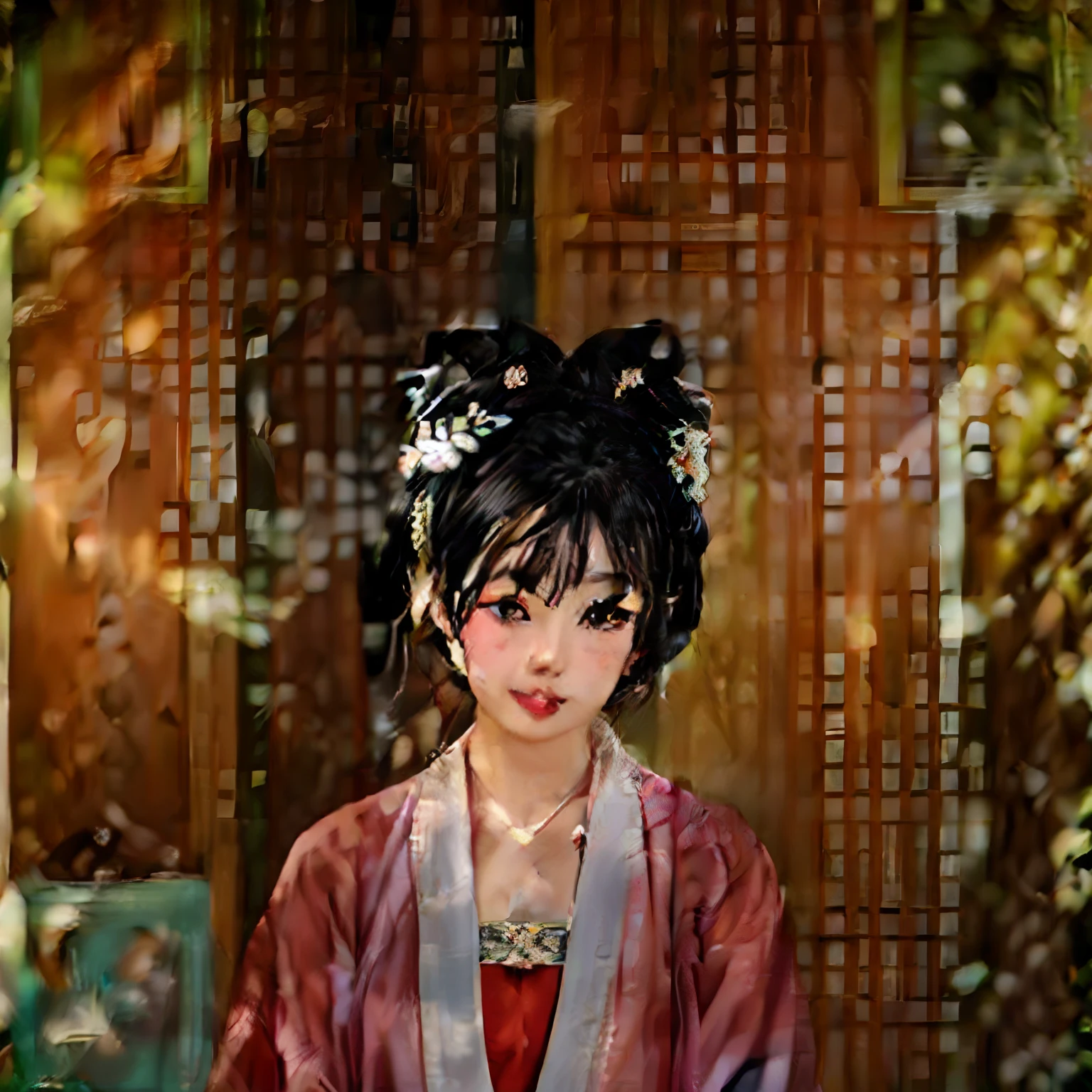 black hair, hair bobbles, wince, longeyelashes, solid circle eyes, fake animal ears, light smile, ear blush, fang, streaked hair, QR code close-up, drop shadow, anaglyph, tachi-e, pov, atmospheric perspective, close-up, anime, 8k, super detail, ccurate, best quality