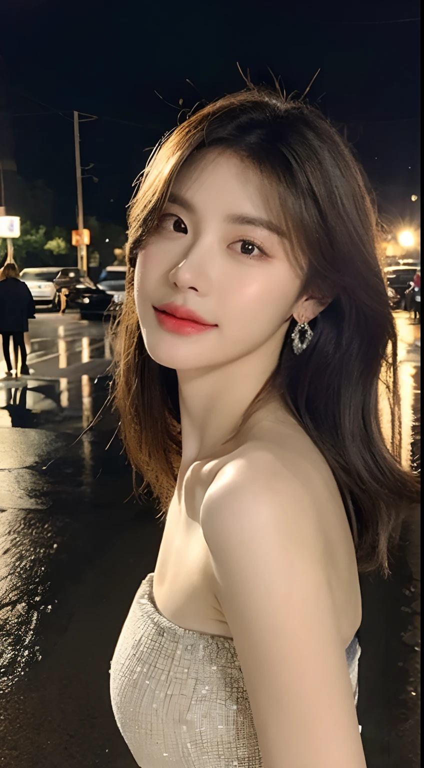 ((Best Quality, 8k, Masterpiece: 1.3)), Focus: 1.2, Perfect Body Beauty: 1.4, Buttocks: 1.2, ((Layered Haircut, Flat Chest: 1.2)), (Rain, Street:1.3), Bandeau Dress: 1.1, Highly Detailed Face and Skin Texture, Fine Eyes, Double Eyelids, Whitened Skin, Long Hair, (Shut Up: 1.3), Full Body