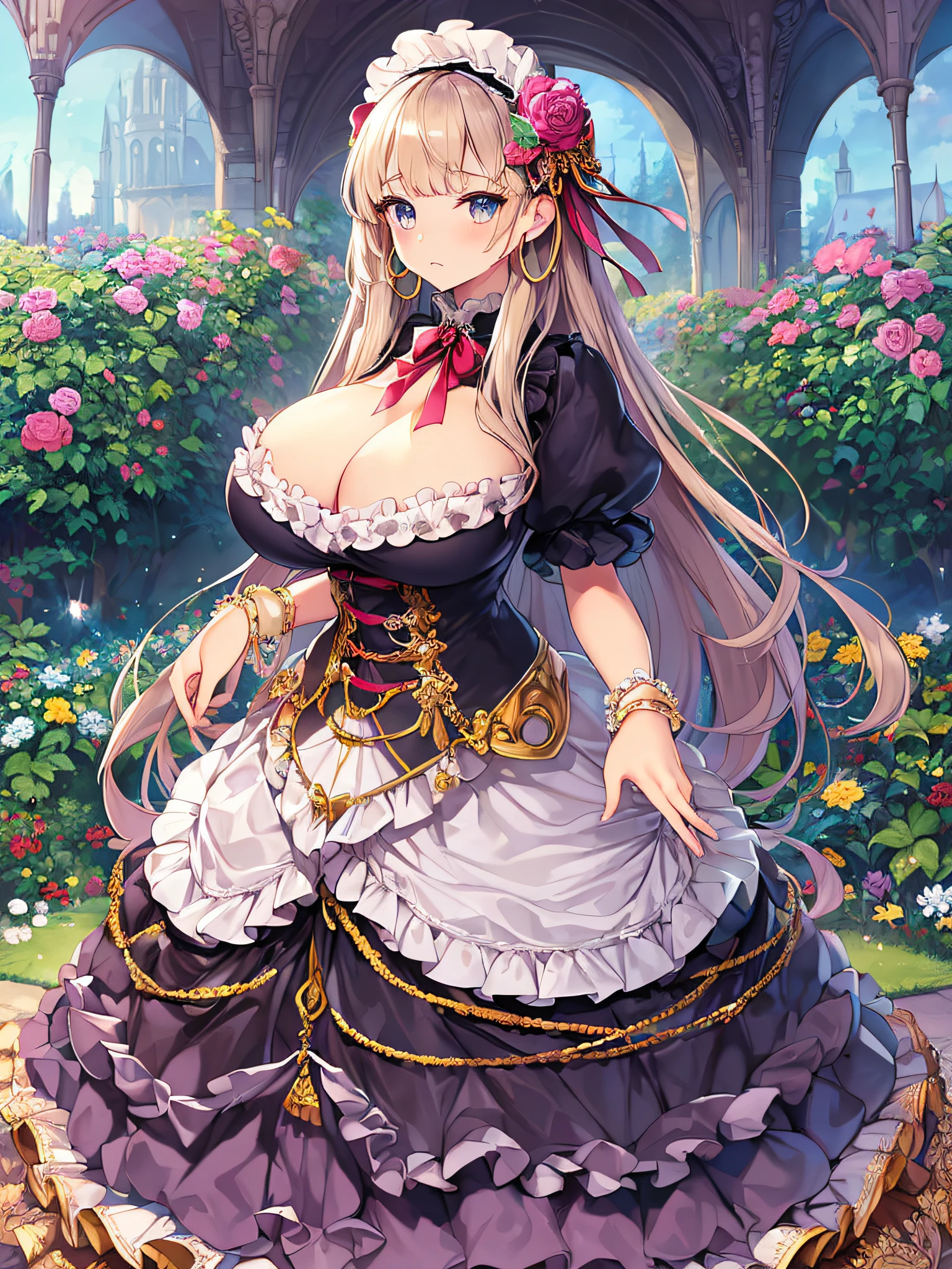 ((anime artstyle)),(Masterpiece),(Best Quality), (Super Detail),((Very Delicate and Beautiful)),(((Solo))),((full body)),(((1 princess in sweet ta dress with voluminous full length hoop skirt))),((standing in garden)),Long train,(bling-bling gorgeous gemstone jewelry),detailed face and eyes,jewel-like eyes,cry,((large amount of straight hair,extremely voluminous Very Long Straight Hair)),((gigantic tits,Long tits)),cleavage,(gorgeousfull embroidery and lace),gorgeous corsage,See-through,((extremely gorgeousfull loliair ornament)),bling-bling extremely gorgeousfull jeweled tiara,ornate ruffles,beautiful embroidery,(hoop skirt,crinoline),flowers, flower petals flowing,((Dynamic Angle)),Looking at viewer,((full body)),sweet lolita d with voluminous full length hoop skirt