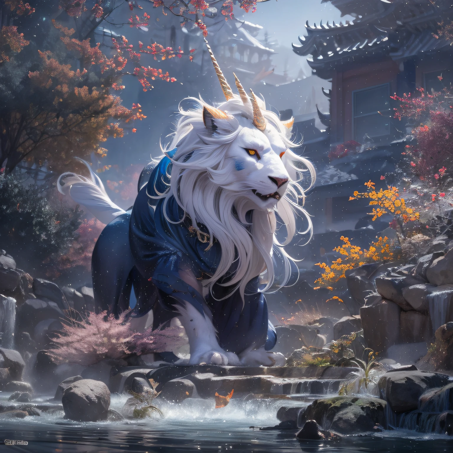 32K(tmasterpiece,k hd,hyper HD,16k)Flowing short hair,Backroom pond,zydink, a color, Asian people (Unicorn unicorn beast), (Silk scarf), Combat posture, looking at viewert, long whitr hair, Floating hair, Hanfu, Chinese clothes, longer sleeves, (abstract ink splash:1.2), white backgrounid,Kirin Beast Protector (realisticlying:1.4),Snowflake lion's head,Snowflakes fluttering,The background is pure, A high resolution, the detail, RAW photogr, Sharp Re, Nikon D850 Film Stock Photo by Jefferies Lee 4 Kodak Portra 400 Camera F1.6 shots, Rich colors, ultra-realistic vivid textures, Dramatic lighting, Unreal Engine Art Station Trend, cinestir 800,