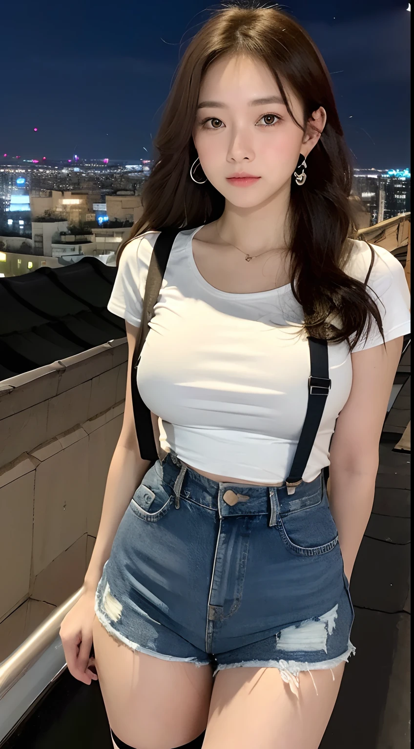 ((midynight, Need, 8k, tmasterpiece:1.3)), full bodyesbian, Long legs, Focalors:1.2, perfect figure beautiful woman:1.4, Slim abs:1.1, ((Dark brown hair, huge tit:1.2 )), nakeness,(white tight t-shirt, Denim suspenders, standing on your feet:1.2), ((city night scene, the roof:1.3)), Highly detailed facial and skin texture, A detailed eye, 二重まぶた