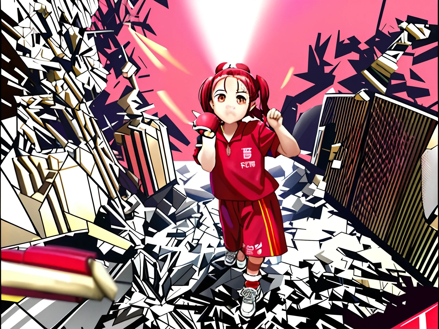 There was a  in a red shirt and shorts holding a pink ball, wearing track and field suit, Ruan cute vtuber, 🤬 🤮 💕 🎀, Children, Red Uniform, child, 2 years oldhildren's, High quality], 💣 💥, kid, shaxi, 💣 💥💣 💥, cute cute