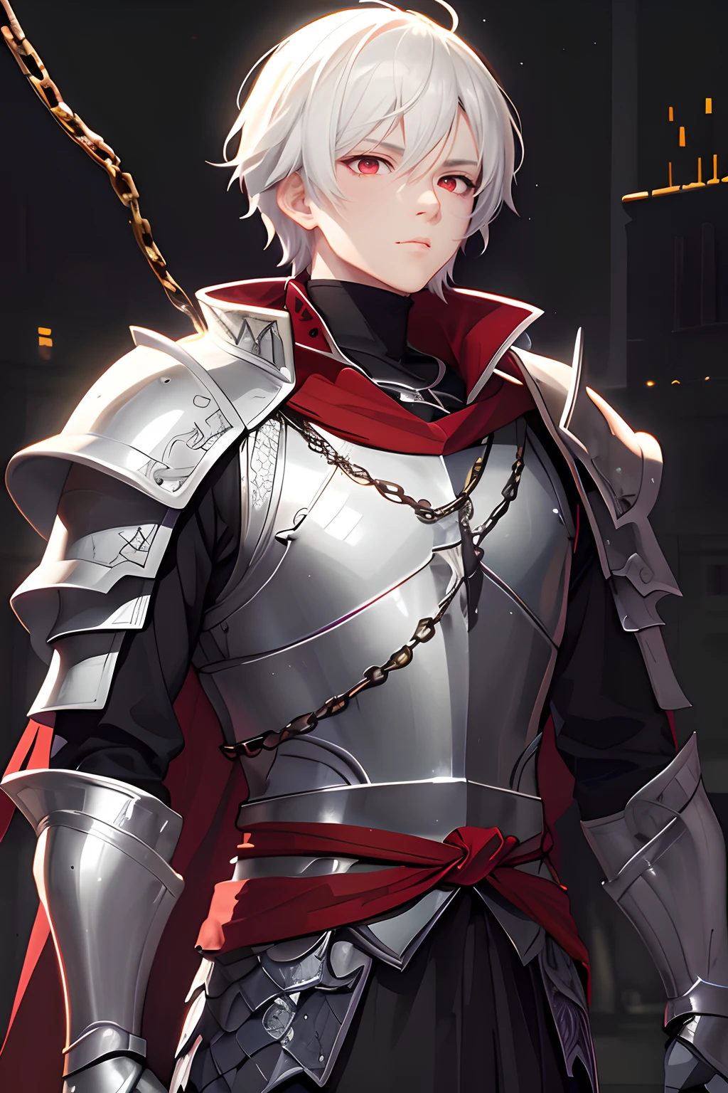 Personaje de anime vestido con armadura con cadena alrededor del cuello y capa roja, ojos rojos, inexpresivo, Full portrait of the magic knight, Keqing de Genshin Impact, Thancred Waters al estilo de Wlop, Armadura plateada y ropa roja, Armadura blanca y roja, A male human paladin, Tendencias en ArtStation Pixiv, Zhongli de Genshin Impact, Chico guapo en el arte de Demon Slayer