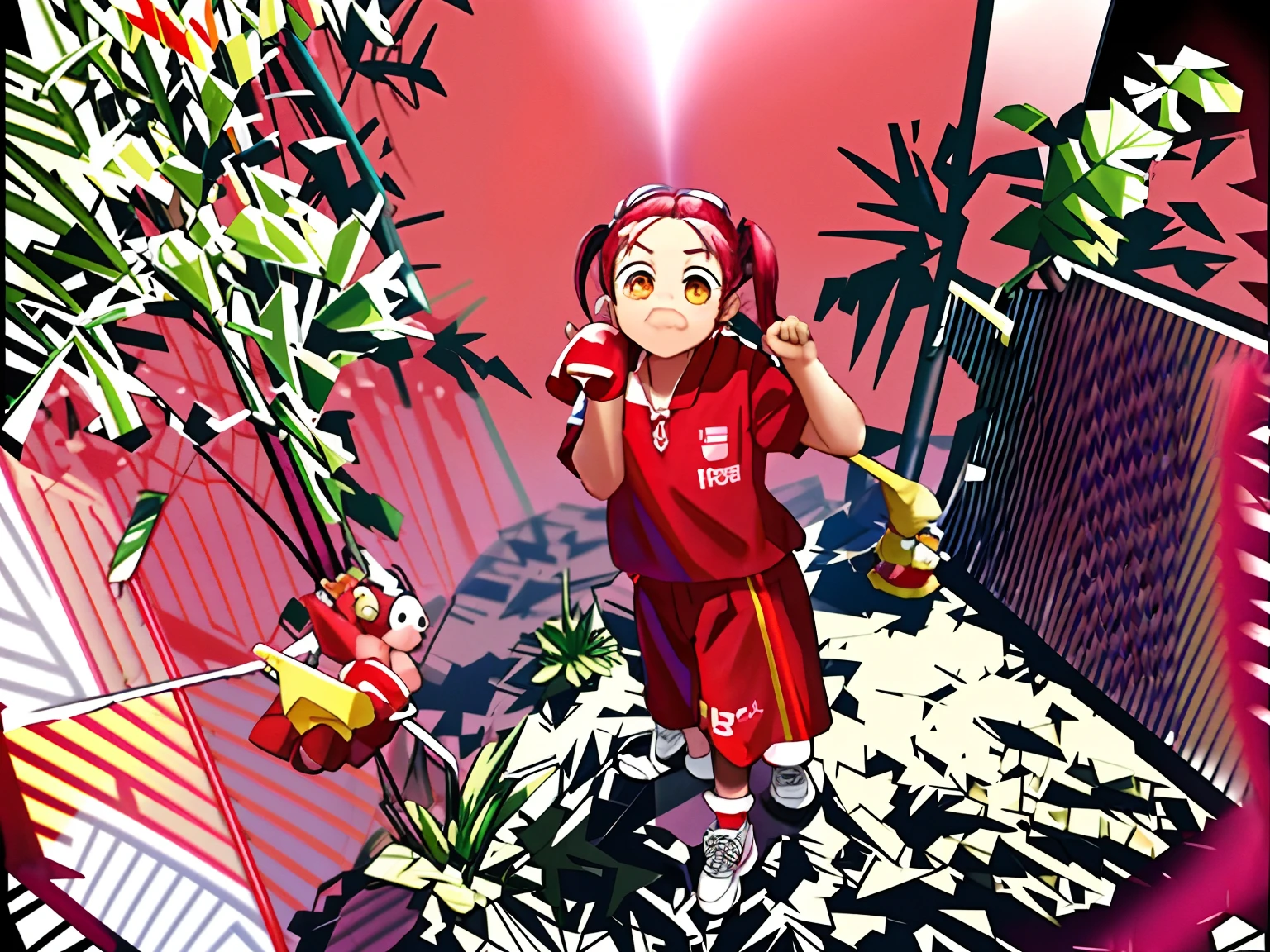 There was a *********** in a red shirt and shorts holding a pink ball, wearing track and field suit, Ruan cute vtuber, 🤬 🤮 💕 🎀, Children, Red Uniform, child, 2 years old, Cute:2, children's, High quality], 💣 💥, kid, shaxi, 💣 💥💣 💥, cute cute