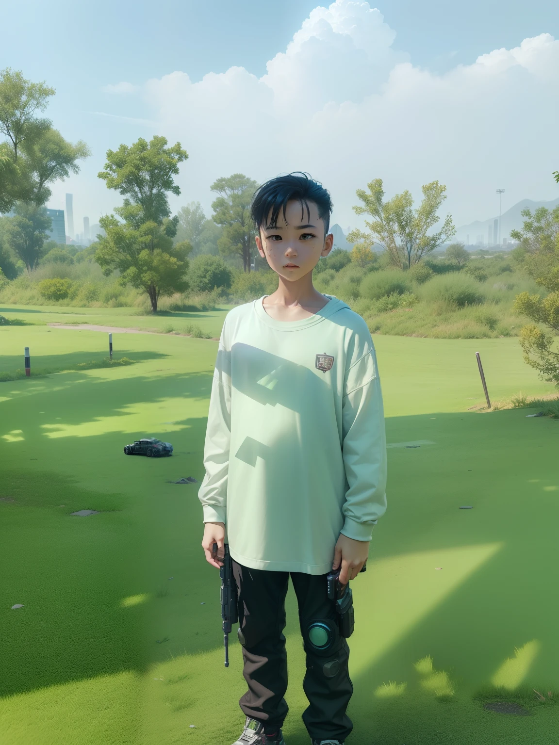 ((Best Quality)), ((Masterpiece)), (Highly Detailed:1.3), 3D, Little Boy, 12 years old, (cyberpunk:1.5), on the street, (holding_weapon:1.3), facing the audience, bright eyes, full body, glowing_eyes, mecha, panorama, f/1.4 lens, cyberpunk background, luminous sign, bokeh background, road, cars, cinematic lights, particles, Reality, HDR (High Dynamic Range), Ray Tracing, NVIDIA RTX, Super Resolution, Unreal 5, Subsurface Scattering, PBR Textures, Post-Processing, Anisotropic Filtering, Depth of Field, Maximum Clarity and Clarity, Multilayer Textures, Albedo and Specular Maps, Surface Shading, Accurate Simulation of Light-Material Interaction, Perfect Proportions, Octane Render, Two-Tone Lighting, Large Aperture, Low ISO, White Balance, Rule of Thirds, 8K RAW, Efficient Sub-Pixel, Sub-pixel Volume Product, (best quality), (Liu Yi Fei: 1.5)
