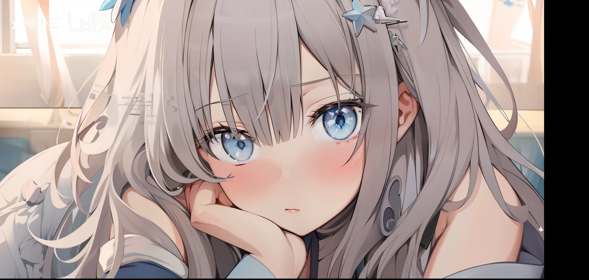 animemanga girl，Long gray hair and blue eyes，There is a star on the head, from girls frontline, Fine details. Girl Front, Girls Frontline CG, Guviz, girls frontline style, anime visual of a cute girl, Kantai collection style, girls frontline universe, Girl Front, shikamimi, close up of a young anime girl, From Arknights