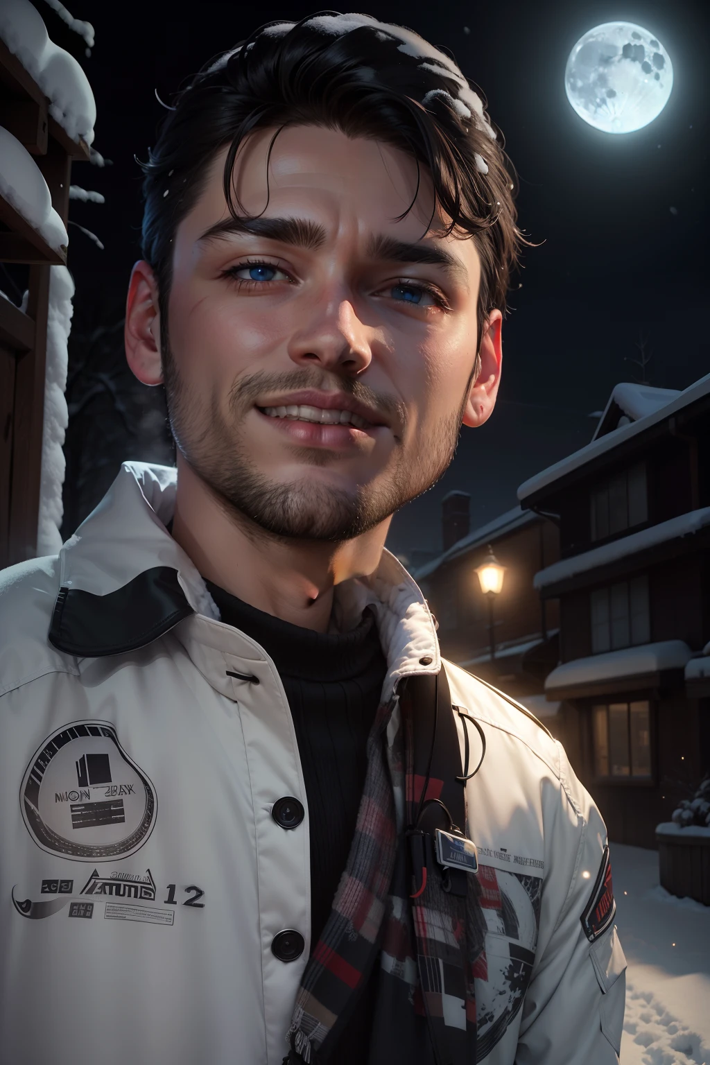 Winter, snow, night, neon color, moon, realistic face