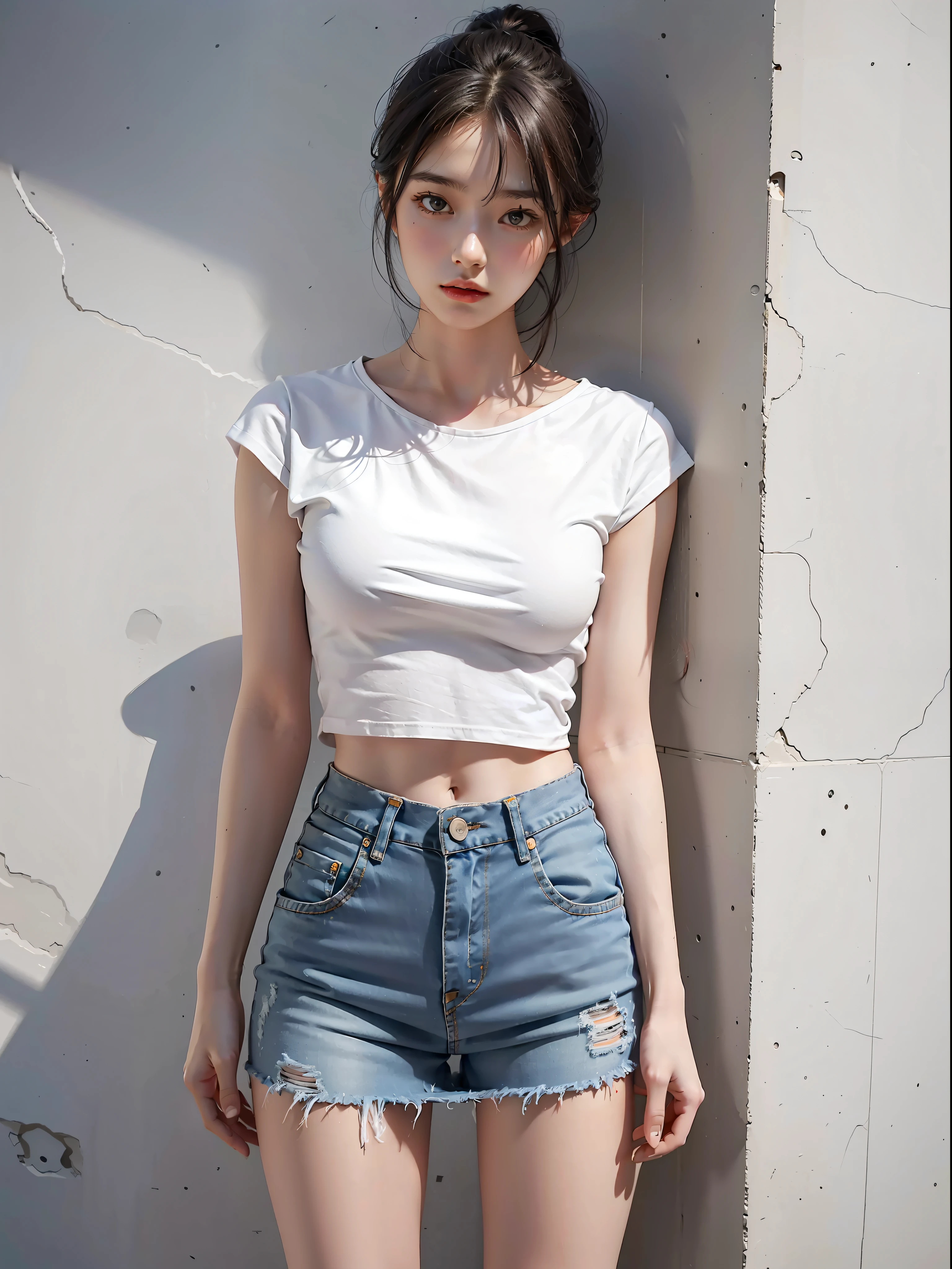 Best quality, full body portrait, delicate face, 18 year old girl, slim figure, small bust, white crop top T-shirt, waist pink denim skirt, gymnasium scene, standing tall