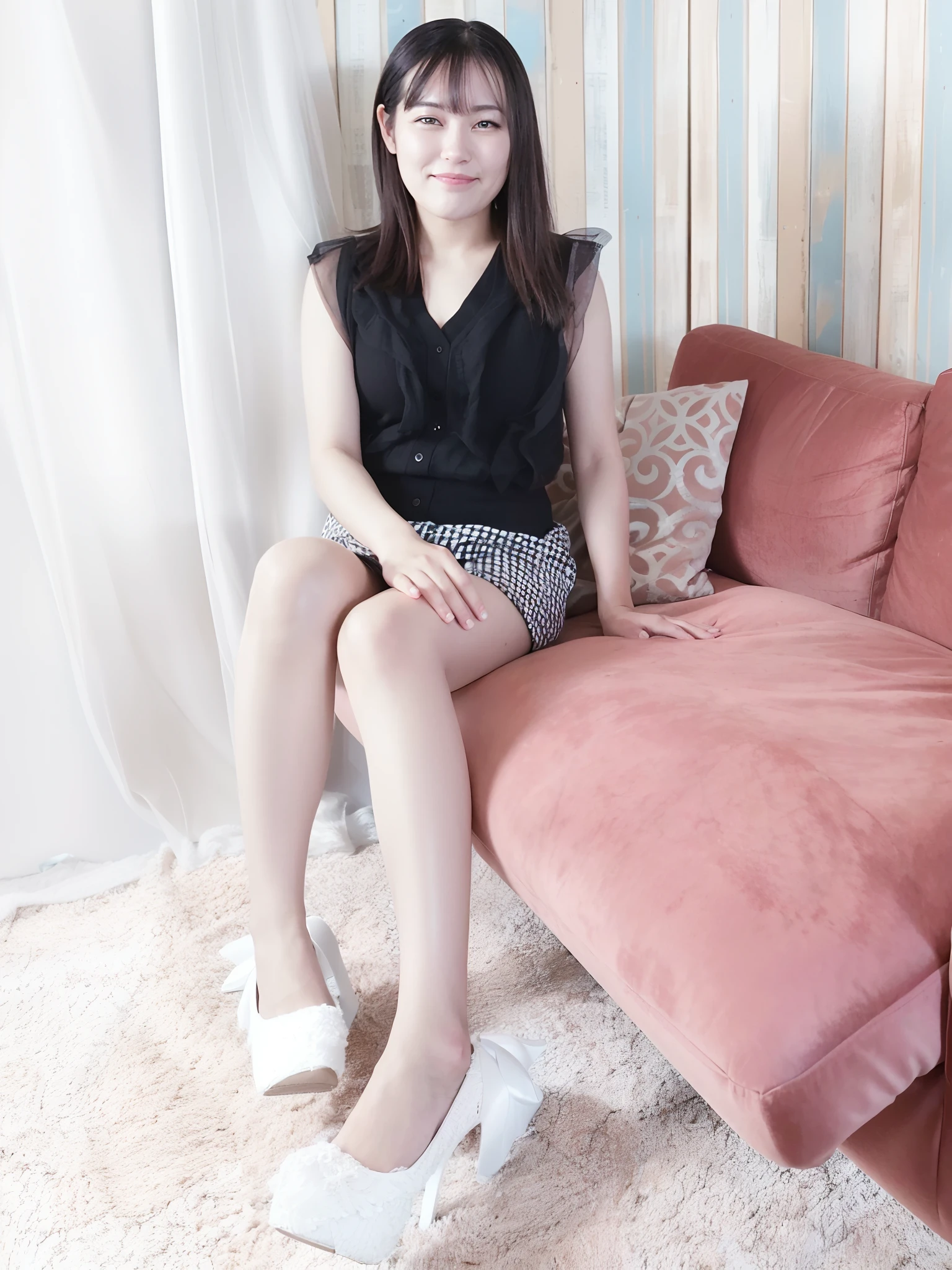 There is a woman sitting on the sofa in high heels, taken with canon 8 0 d, taken with a canon eos 5 d, Sitting on the sofa, sitting in the couch, sitting in the couch, taken with a canon eos 5 d, taken with a canon eos 5d, pretty face with arms and legs, woman is sitting