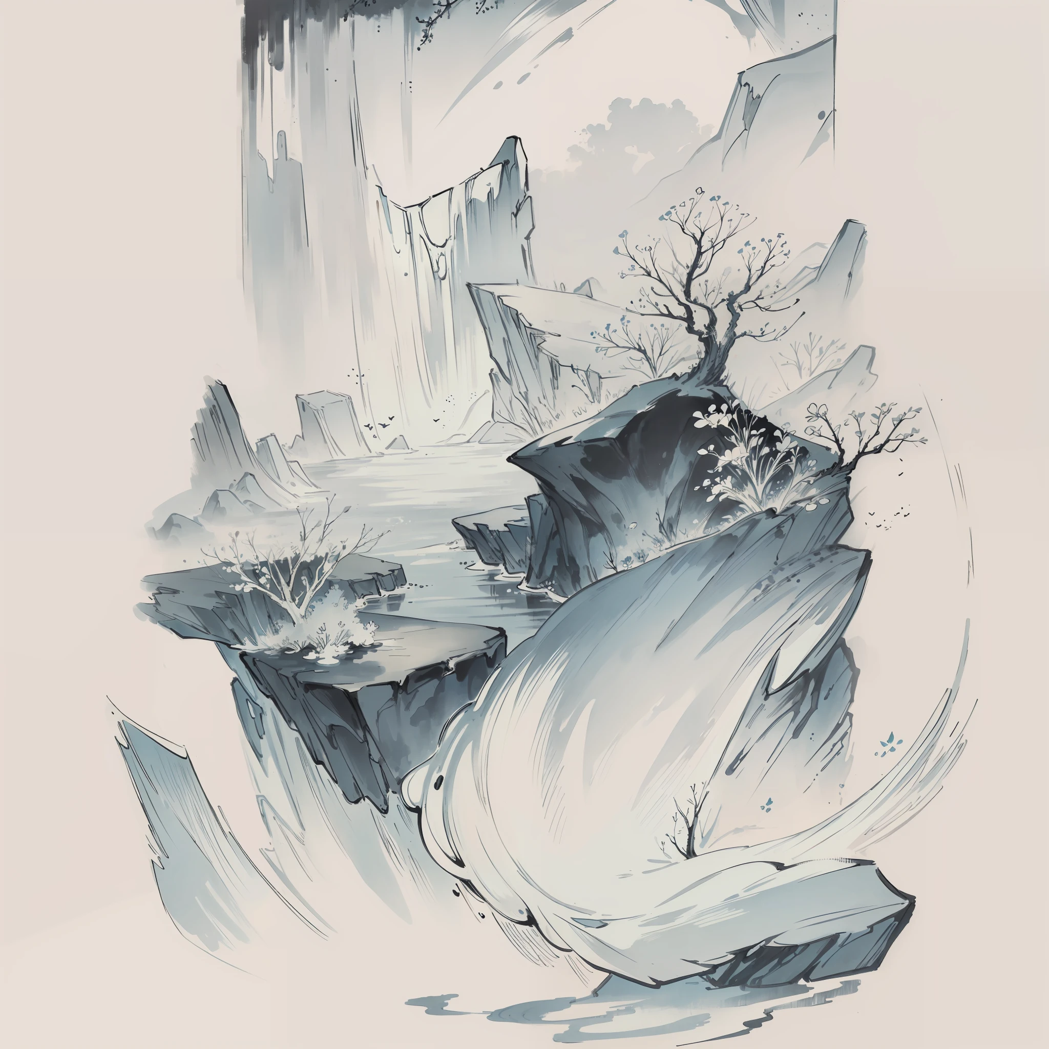 Ink wash painting, black ink on white or colored paper, shading by varying ink density, delicate brushstrokes, simplistic and natural style, roots in Chinese culture, flowing and fluid aesthetic, blank space expressing form, contrast of light and darkness, gradations of black creating illusions of depth, wet-on-wet technique,079 blending and diffusing ink, subject matter of mountains, waters, trees, flowers, birds, spiritual connotations, tranquility and Zen philosophy, unique East Asian art form