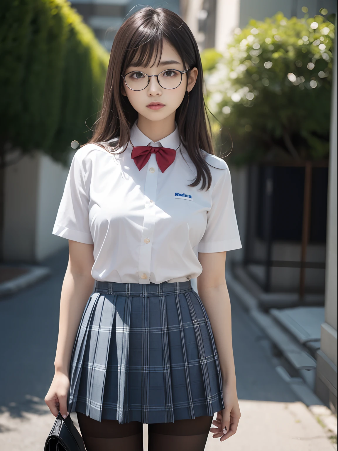 (8K、Raw photography、top-quality、masterpiece:1.2),bob cuts,glamor,Chromo-white skin,cocky,School,watching at viewers,Looking at the front,Muchimuchi,Erotic,Pupils,(Light blue bra seen through the shirt),de pele branca,kne,(Black pantyhose),absurderes,a small face,small tits,flat breast,Parting the bangs from the middle、Forehead visible,(a cold expression,Tight eyes,glares,Bullish,skinny,Rasping,irate)、masterpiece,top-quality、超A high resolution,Raw photo,ren,Beautiful fece,One Person, 独奏,eye glass,,Dark look,Small breasts,fullllbody,Round glasses、cute little,JK school uniform,hi-school girl,A Japanese Lady,is standing,(Photorealsitic:1.37)、Photon mapping,Realistic、Beautie,Cute little face,Brown-eyed、Black socks、(Red bow tie)、Radio City、Physically Based Rendering、depth of fields、Blurry background、a picture,Body,teens girl,beauty legs, Long legs, Thin leg,(Bangs are visible), hair, s lips, Blue_The eye, nosesoft,(Light blue shirt), (Navy and blue and white plaid pleated skirt), Knees are visible,Sheer clothing,, Thigh, Black cotton socks,Nogizaka Idol, 女優, Japanese ido