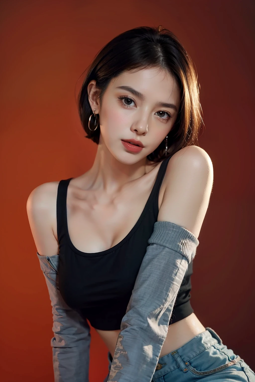 fashion photography portrait of 1girl, Utility jacket, high-waisted shorts, ankle boots, solo, [:(detailed face:1.2):0.2], midriff peek, medium breasts, breasts,jewelry,earrings, very short hair, upper body, grey eyes, looking at viewer,black hair,(head tilt:1.2), lips, slightly smile, red background, simple background, orange_sky, 4k, high-res, masterpiece, best quality, ((Hasselblad photography)), finely detailed skin, sharp focus, (cinematic lighting), soft lighting, dynamic angle