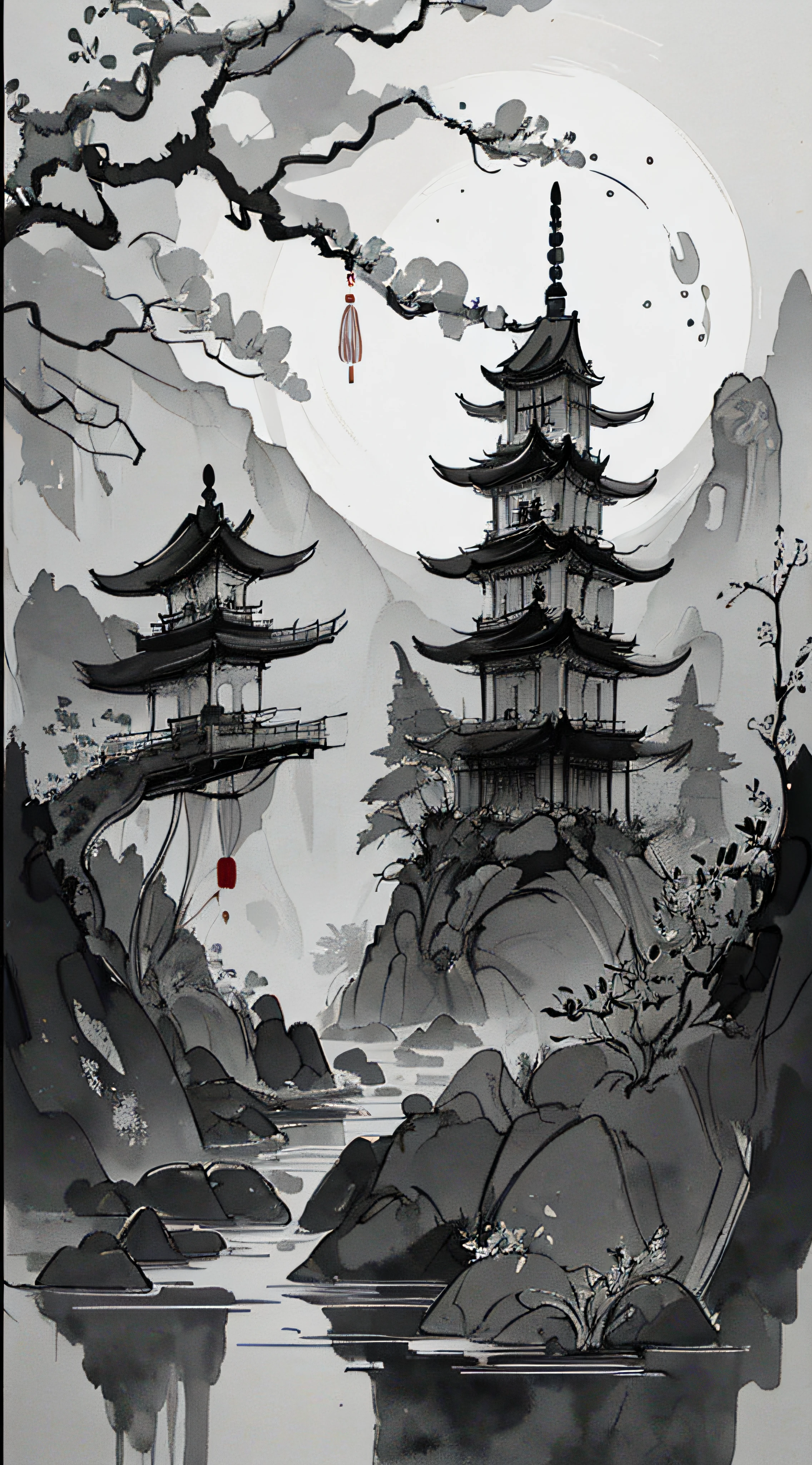 (((Ink wash painting))),(((Chinese painting))), ((ink splashing)), An enchanting and magical waterfall that flows from a hidden cave, with glowing crystals that illuminate the water and create a surreal and otherworldly atmosphere, surrounded by a fantastical landscape of towering trees and mystical creatures, ,zydink