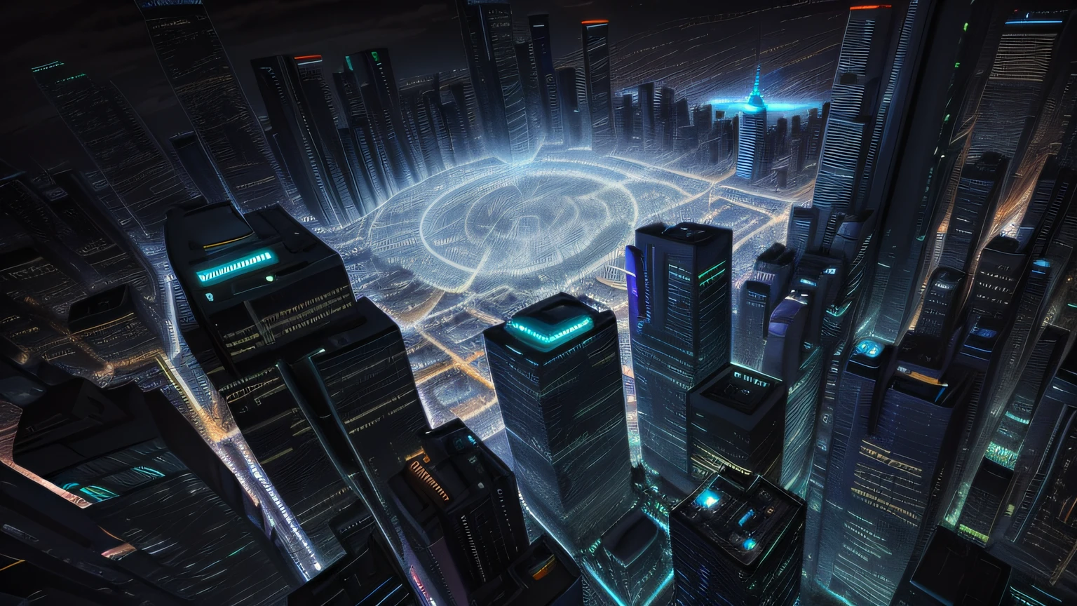 City view at night,There is a large ice rink, ice city in 2 0 8 0, vfx powers at night in the city, aerial view of a cyberpunk city, Photo of futuristic cityscape, futuristic urban background, bladerunner city landscape, vista of futuristic city, futuristic urban background, geometric futuristic cityscape, hyper realistic cyberpunk city