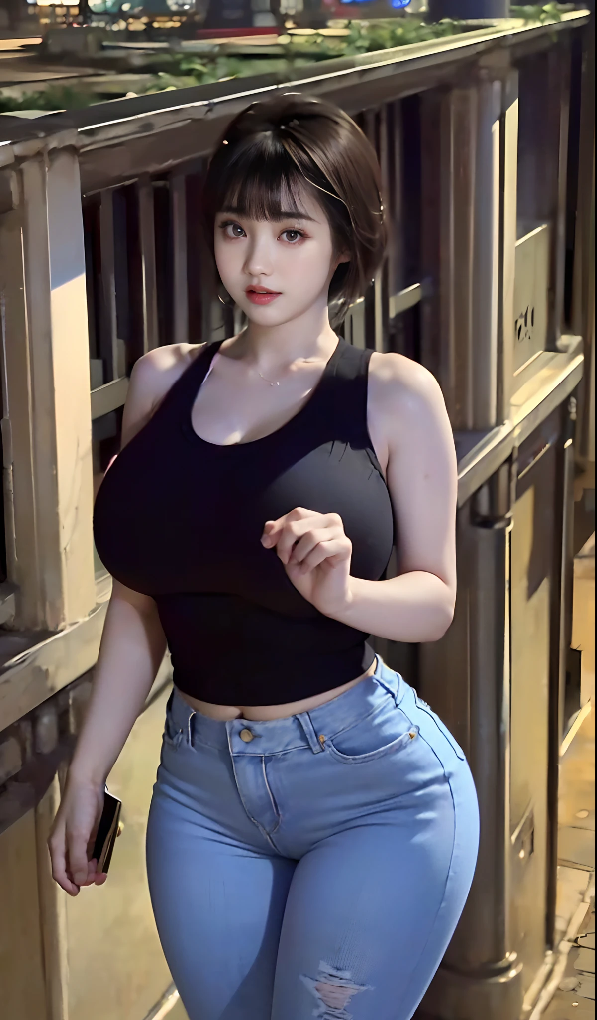 (nsfw:1.5), (Top Quality, 8k, 32k, Masterpiece, UHD:1.2), (chinese:1.5), (solo girl:2.0), walking down dynamic pose, beautiful chinese woman, (glasses), yoga trainer, (hot tank top:1.5), (jeans hotpants:1.5), full figure, gym, (thicc muscular body:1.5), (huge fake breasts:1.5), (round breasts:1.5), (muscle abs:1.3), (big buttocks:1.2), milf face,