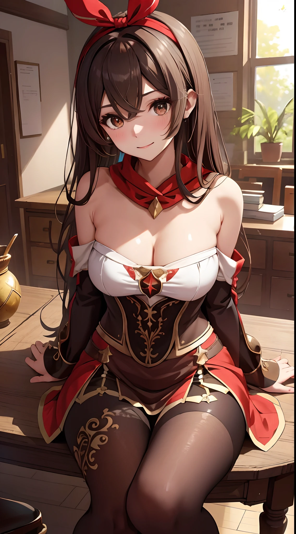 (primitive, Best quality, tmasterpiece:1.5), (photograph realistic, Intricate details:1.2), 超高分辨率, absurderes, 1girll, Beautiful face, Detailed eyes,light in face, mini-skirts，Silk scarf、Black tights，ssmile，cleavage，（red bow hairband)，long whitr hair，（Brown eyeballs：1.5)，brown  hair，（Off-the-shoulder attire：1.5），Sexual suggestiveness、middlebreast、Big breasts Thin waist、slender leg，Long legs，sitting on chair in front of desk，perfect body figure，perfectly proportions，looking at viewert，（office room，inside in room，Ultra-detailed background：1.2），ssmile，shiny skins, True skin texture, natural  lightting, best illuminate, Background of details, detail shaded, sharp fokus, Depth of field f/2, Saturation, hight contrast, Intense light and shadow