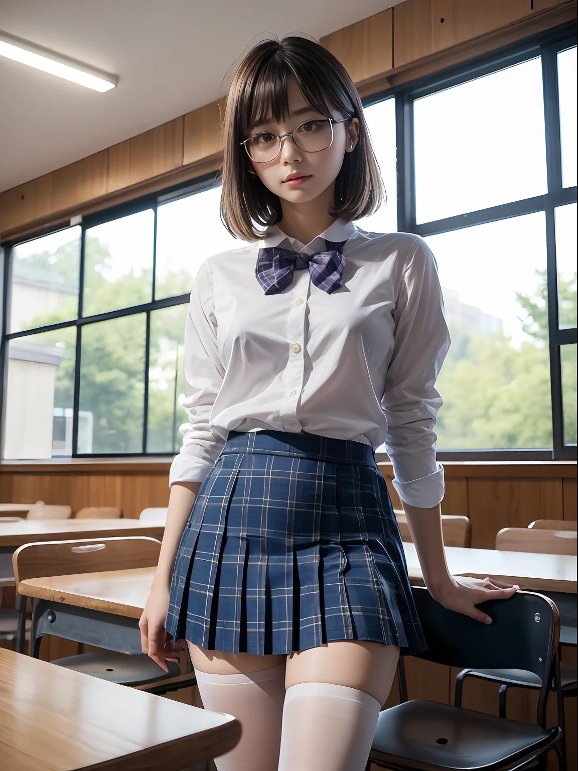 （8K、RAW photography、top-quality、tmasterpiece：1.2),bob-cut,carismatic,Chromo-white skin,cocky,school,watching at viewers,looking in front,Muchimuchi,Erotic,pupils,(See the light blue bra through the shirt),white skinned,knees,(Black pantyhose),absurderes,a small face,small tits,flat breast,Separate bangs from the middle、forehead visible,(A cold expression,Tight eyes,glarelight,Bullish,Skinny,Rasping,irate)、tmasterpiece,top-quality、超A high resolution,RAW photo,Ren,Beautiful fece,solo person, 独奏,eye glass,,dark look,Large breasts,full bodyesbian,Round glasses、Cute Baby Turtle,JK school uniform,Big high school girl,A Japanese lady,It's standing,（Photorealsitic：1.37）、photon maping,Realistic、Beautuful Women,Cute little face,with brown eye、Black socks、(Red bow tie)、Radio City、physically-based renderingt、depth of fields、The background is blurred out、A picture,Body,teens girl,beautifullegs, Long legs, Thin leg,(Bangs are visible), Hair, Carnal lips, Blue_The eye, nosesoft,(Light blue shirt), (Navy and blue and white plaid pleated skirt), Knees visible,Sheer clothing,, upper legs, Black cotton socks,乃木坂アイドル, 女優, Japanese idol household