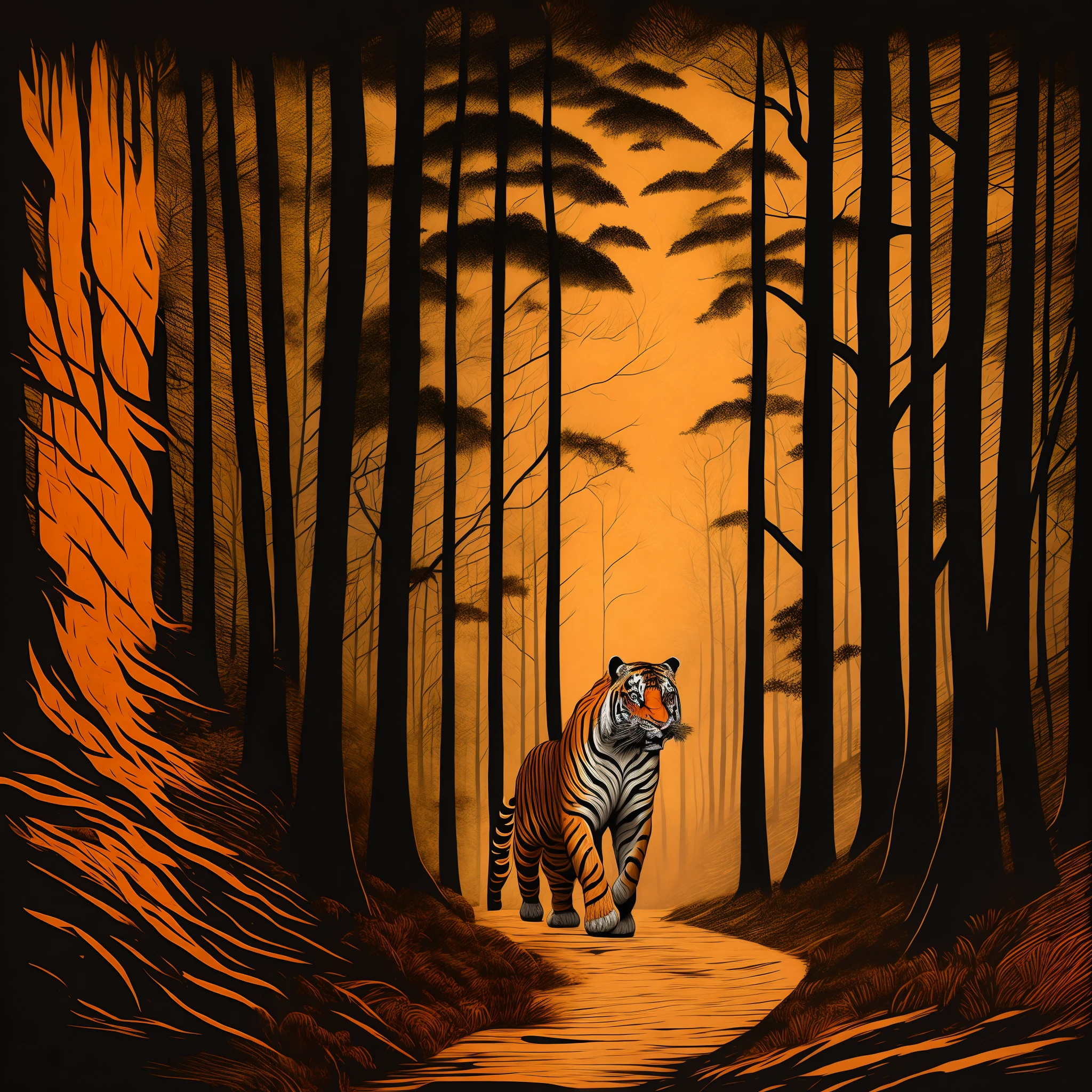 "Hand drawn nostalgic t-shirt design,Scenery in dense forest,Ferocious tiger walking, The shadow of the tree fell gracefully on the tiger's body. Add dynamic corner bars to enhance visual storytelling."Text design:tigre
