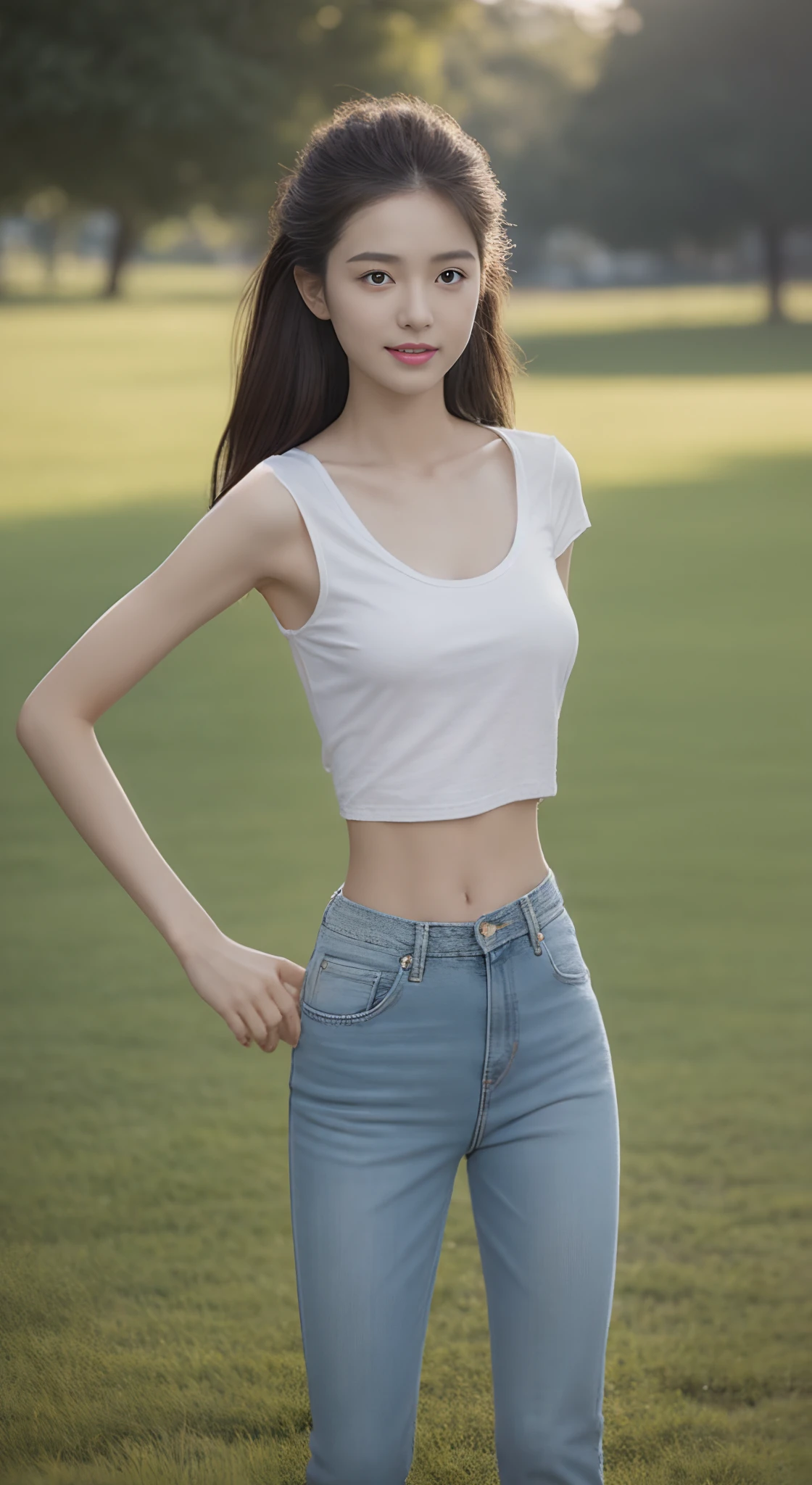 (rain, grassy fields: 1.3), 1 beautiful woman taking pictures on the grass,RAW photos,tmasterpiece,(highdetailskin:1.2),8k ultra high definition,digital SLR camera,gentlesoftlighting,high high quality,filmgrain,富士XT3,20 years old Asian woman,Wear simple clothes,Blue T-shirt and crop top jeans,Detailed clothing details:1.3,perfect body figure,Perfect breasts and nipple bulge,The legs are straight and slender,((Branded stylish shoes:0.6)),Super detailed facial details and skin,Fair pink face and skin,Skin pink and soft,with light glowing,二重まぶた,Super detailed eyes,A sweet smile,(Gloss on lips, eyeslashes, Glossy face, Best quality, Super high resolution, warm color,Wide lighting, naturalshadow), The posture is diverse,Show off your sexy body and beautiful buttocks, Full body shooting: 1.8
