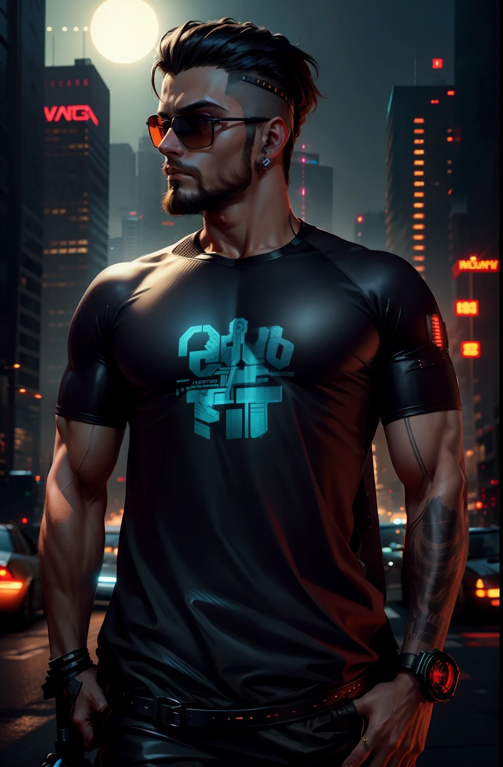 Background change cyberpunk handsome boy, moscular body,long beard, sun glasses, realistic face,8k ultra resolution