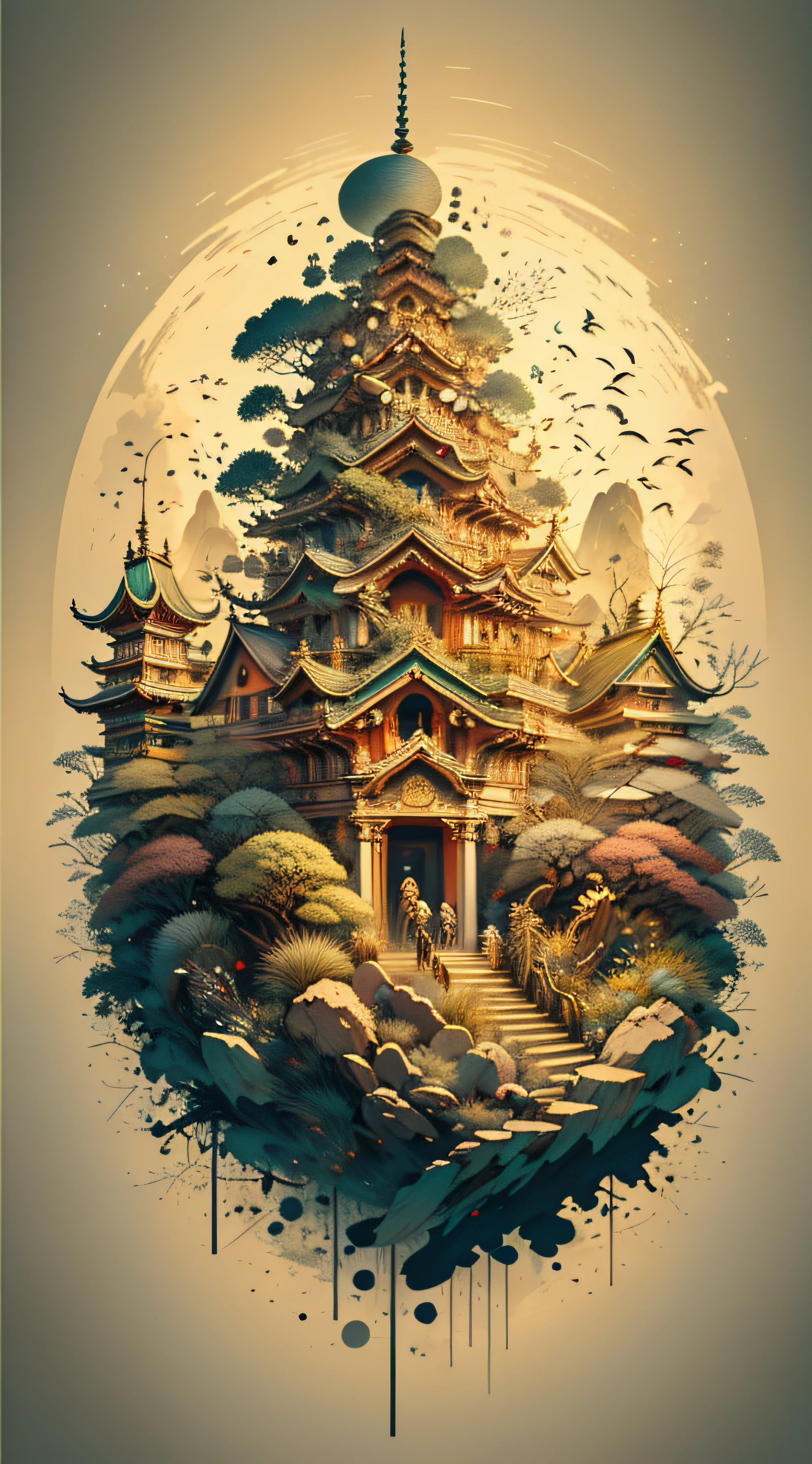 Absurd, high resolution, ultra-detailed, (1 girl:1.3), broken, design a beautiful temple scene, intricate architecture, lush gardens, and a sense of peace and spirituality. Broken, creating an image of a destructive demon with terrifying features, dark powers, and a thirst for chaos and destruction. Broken, designed with a fisheye effect image that captures a wide field of view with a unique curved viewing angle. Break to create rooftop views in urban environments with panoramic cityscapes, dramatic skylines, and a sense of elevation. Break , illustrating the tender moments between parents and children, capturing their bonds, love, and connection. Broken, using pointillism to illustrate images, carefully placed tiny dots of color to create a cohesive and visually stunning whole.