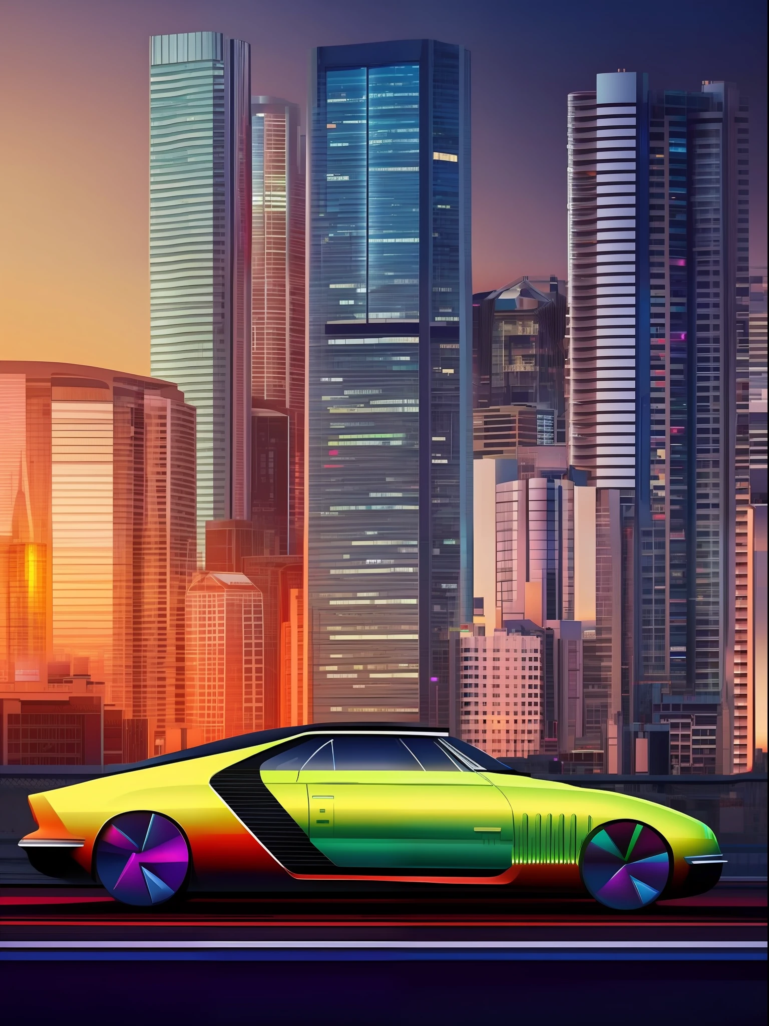 Futuristic car parked with a city in the background, car in the center of the photo, retro neon, retrowave art, sunset