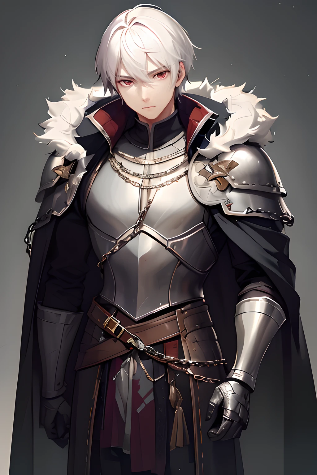 Personaje de anime con cabello blanco y armadura parado frente a un fondo gris, A male human paladin, ojos rojos, inexpresivo, rostro varonil, male paladin, con una armadura y una corona, Armadura gruesa, Guweiz en Pixiv Artstation, Guweiz en Artstation Pixiv, Arte Zerochan, beautiful androgynous prince, Chico guapo en el arte de Demon Slayer, con una ligera armadura de cuero