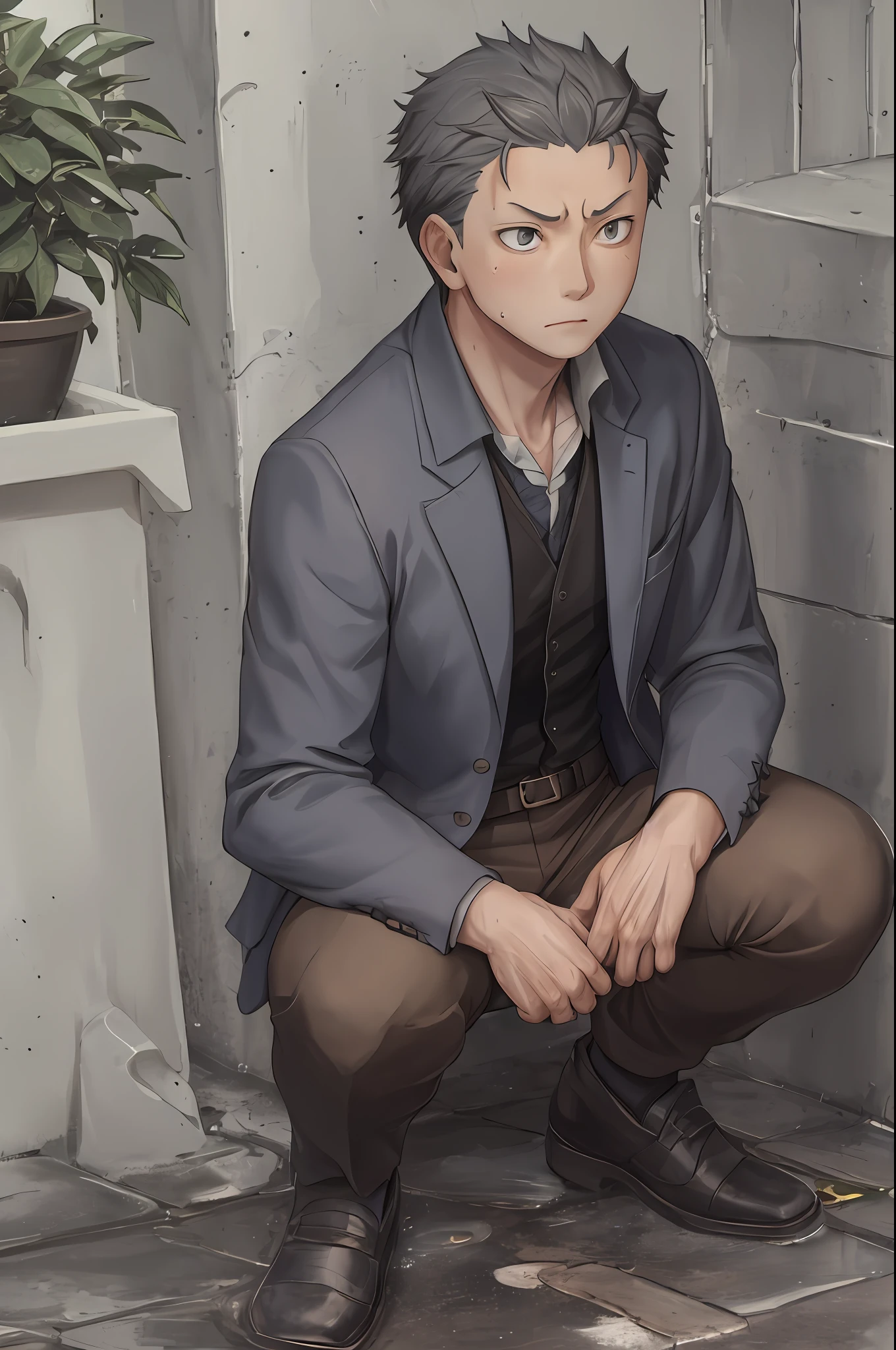 (1 Adult male),A high resolution, Sharp focus, Pixiv masterpiece, ((Complicated details)), highly detailed, natsuki_subaru,Multi-view upper body,Suit pants view, 1 man,is shy,Pee on the legs,pissing,Urine runs down the thighs,embarressed,exhilarated,is shocked,panicking,worry,A small puddle of their own urine forms around the feet,full bodyesbian,kneels on the ground,Very eager to pee,It's uncomfortable,Wet yourself,Urine discharge, Sweaty crotch,Drenched,rain,The shirt is soaked,(A gesture of pleading),blue color eyes(eyes glowing), Short gray hair,white shirt,Wear a tie,Wear a belt,Black suit trousers,perspire,look from down