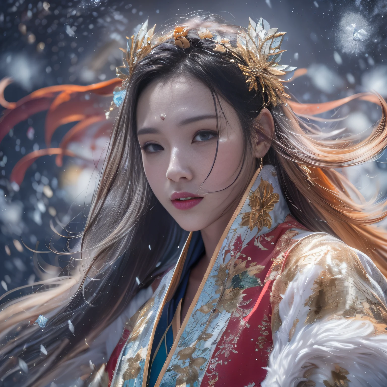 32K(tmasterpiece,k hd,hyper HD,16k)Flowing short hair,Backroom pond,zydink, a color, Asian people (Drug addicts overdose), (Silk scarf), Combat posture, looking at viewert, long whitr hair, Floating hair, Hanfu, Chinese clothes, longer sleeves, (abstract ink splash:1.2), white backgrounid,Kirin Beast Protector (realisticlying:1.4),,Snowflakes fluttering,The background is pure, A high resolution, the detail, RAW photogr, Sharp Re, Nikon D850 Film Stock Photo by Jefferies Lee 4 Kodak Portra 400 Camera F1.6 shots, Rich colors, ultra-realistic vivid textures, Dramatic lighting, Unreal Engine Art Station Trend, cinestir 800,